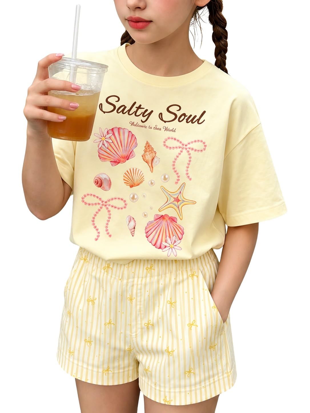 Girls Clothes Summer 2 Piece Outfits Cute Strawberry Lemon Shell Graphic Tee+ Striped Shorts Set Kids Clothing Sets
