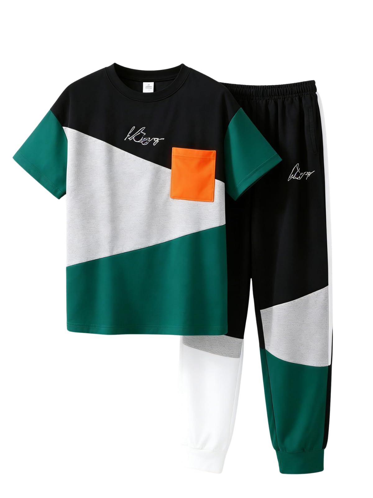 Axumity Tween Boys' 2-Piece Casual Outfit Spring Summer Short Sleeve Crewneck Top & Color Block Pants Size 6-13