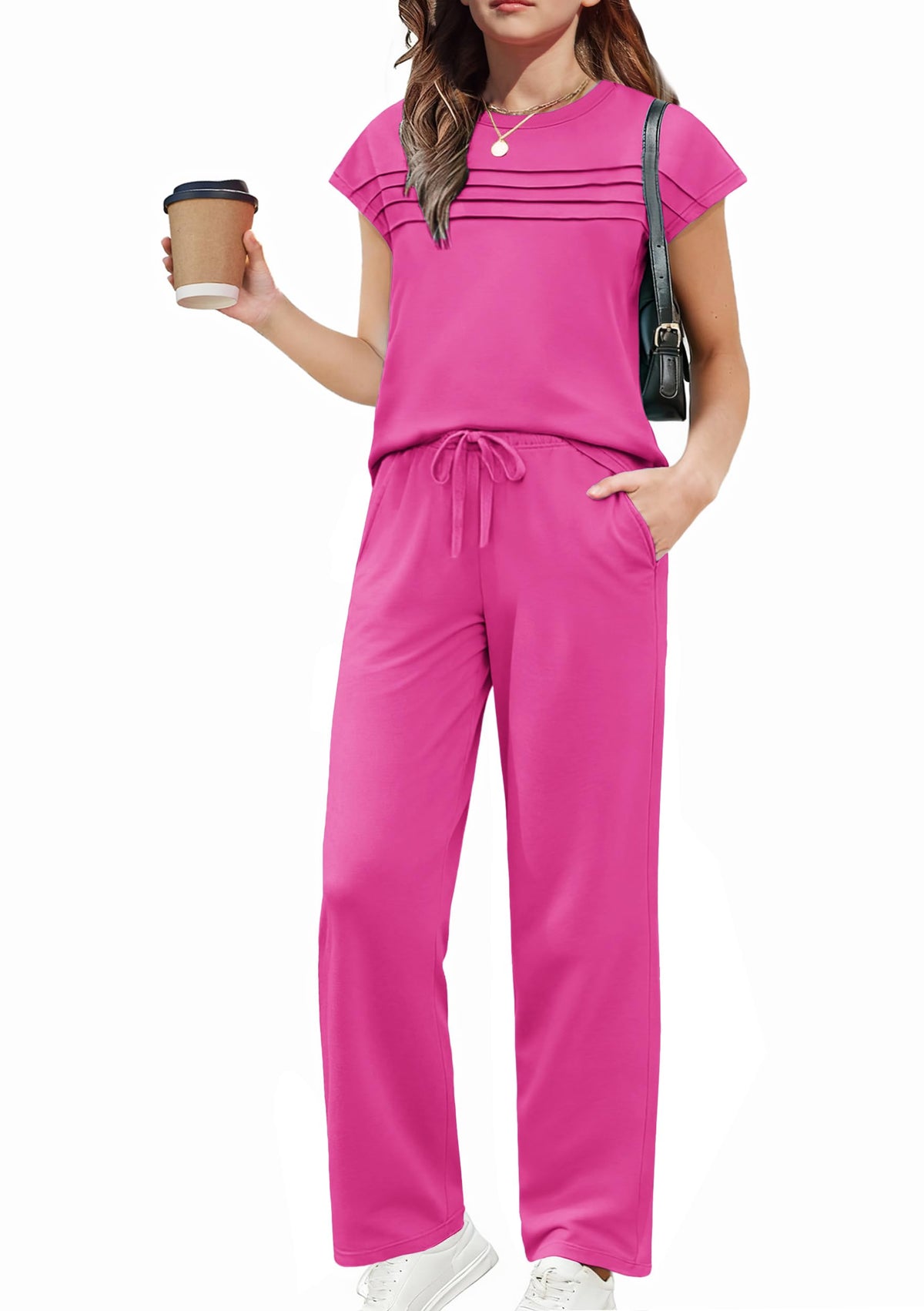 Arshiner Girls 2 Piece Outfits Short Sleeve Crewneck Tops Wide Leg Pant Set
