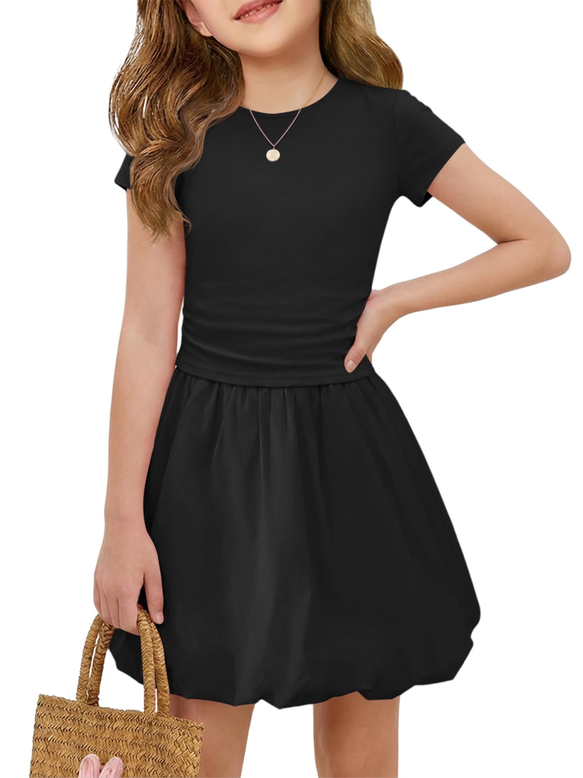 Haloumoning Girls Skirt Sets 2-Piece Ruched Bubble Skirt Outfits 5-14Y
