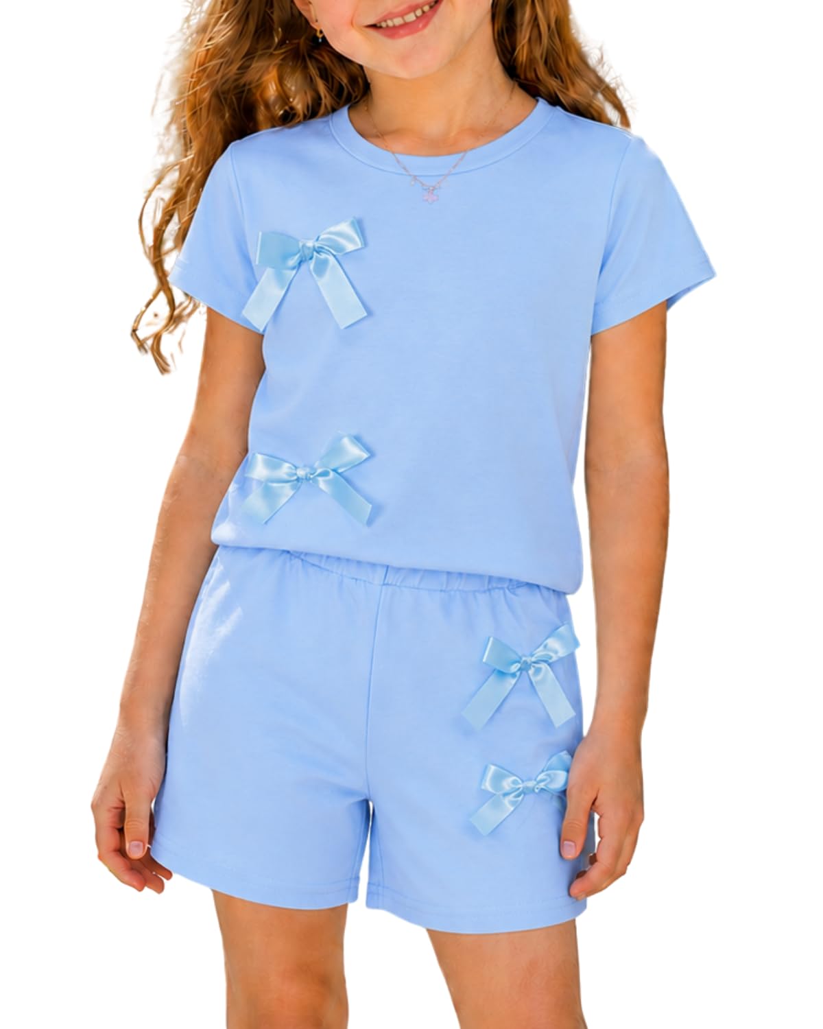 Toddler Girls Clothes Summer Short Sleeve T-Shirt + Striped Skort 2pcs Bow Outfit Set For Girls, Size 4-8 Years