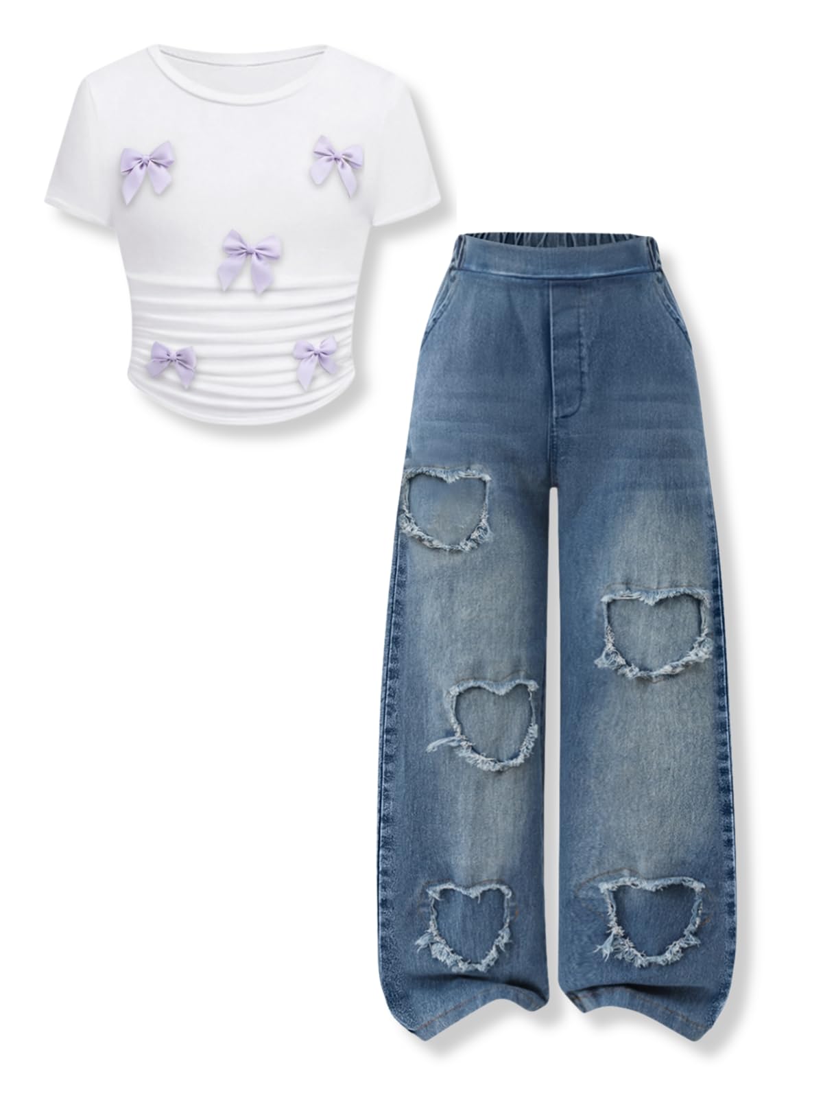 Size 7-14 Years Girls 2 Piece Outfits Bow Short-Sleeved Top and Jeans Pants Clothing Set