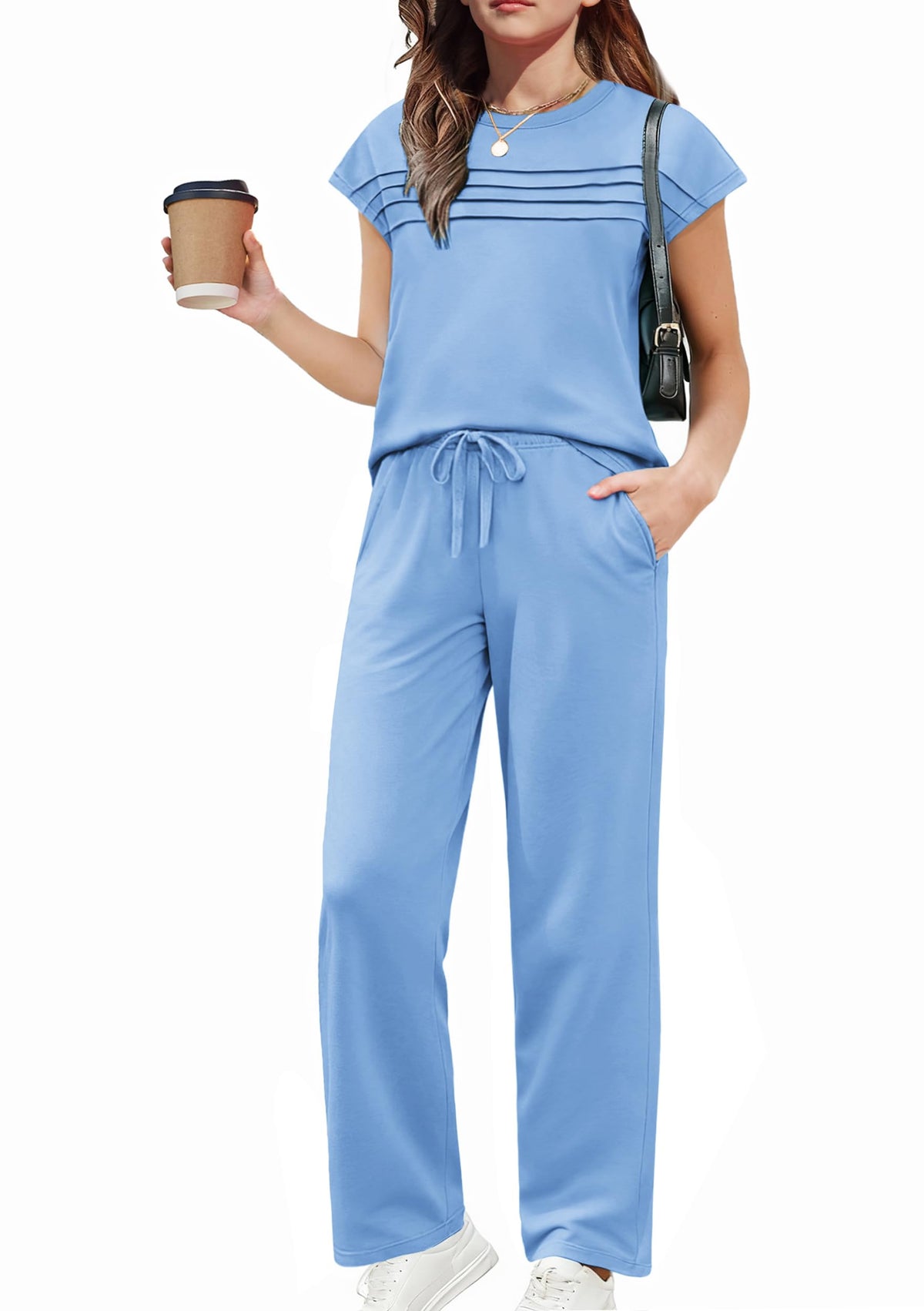 Arshiner Girls 2 Piece Outfits Short Sleeve Crewneck Tops Wide Leg Pant Set