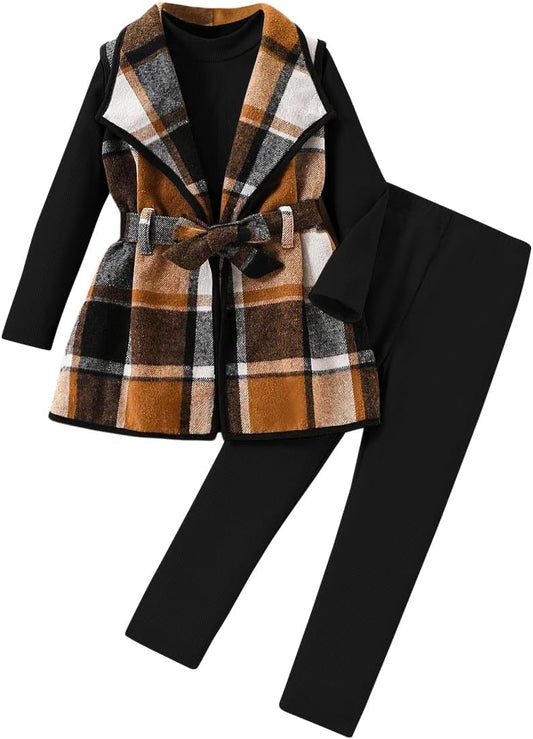 Kid Girls Clothes 3 Piece Outfits Plaid Flannel Belted Vest & Long Sleeve Top and Pants- Fall Clothing Sets