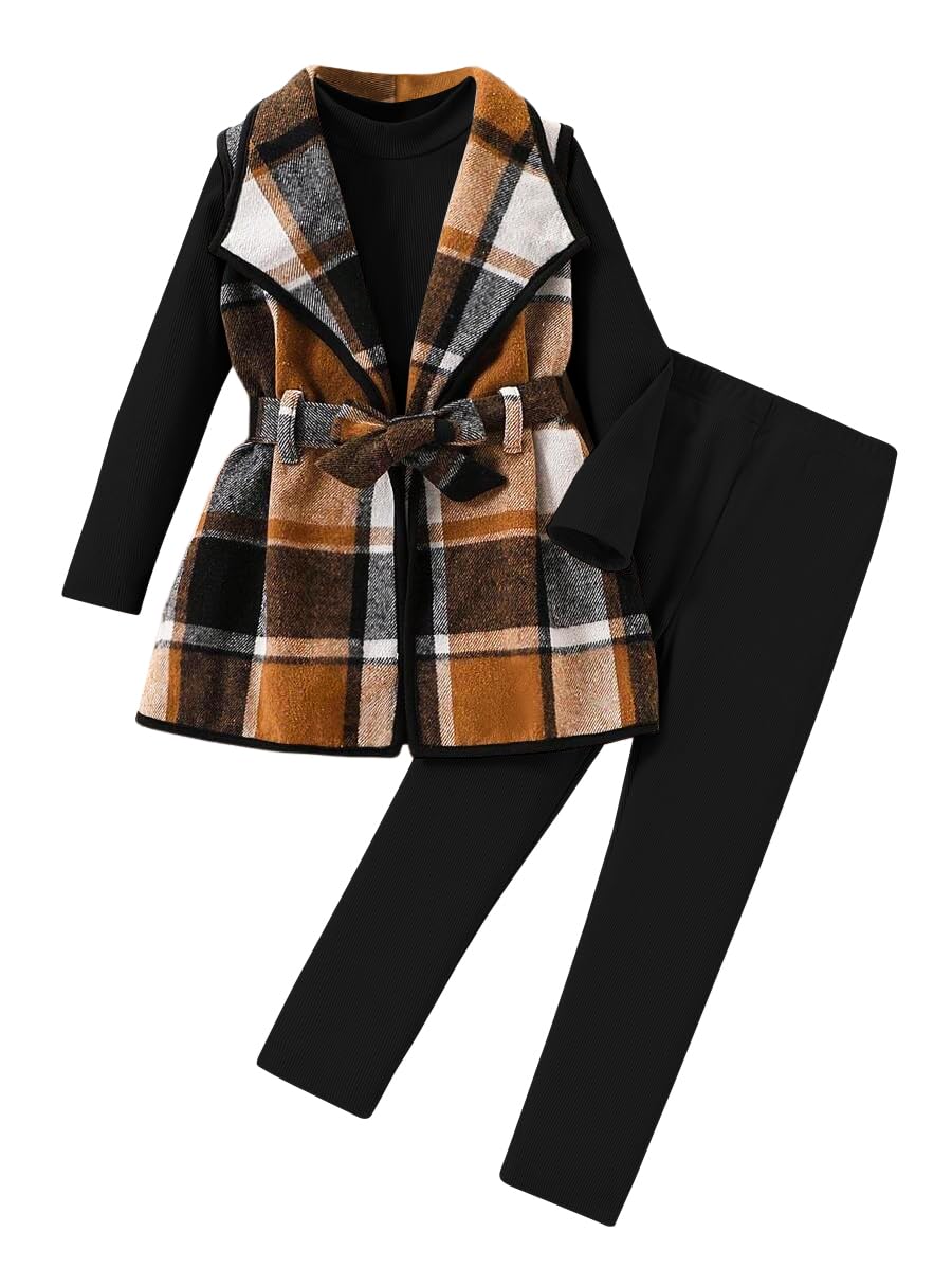 Kid Girls Clothes 3 Piece Outfits Plaid Flannel Belted Vest & Long Sleeve Top and Pants- Fall Clothing Sets