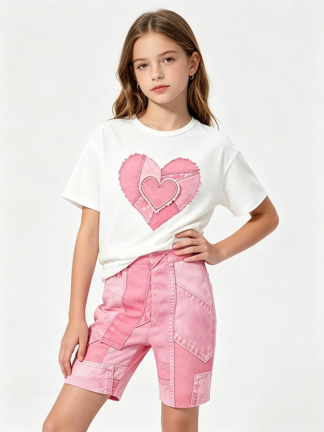 Size 7-14 Girls 2 Piece Summer Heart Print Short Set Teen Girl Outfits Girls Clothing Set
