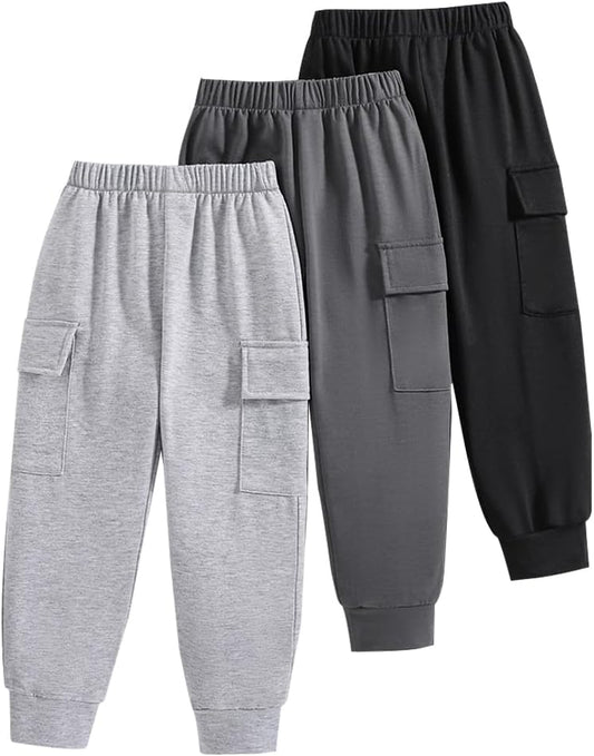 Nivne Tco Boys Casual Pants-Solid Color Soft Trousers-Toddler Boys 3 Pack Sweatpants Set (3-7 Years)