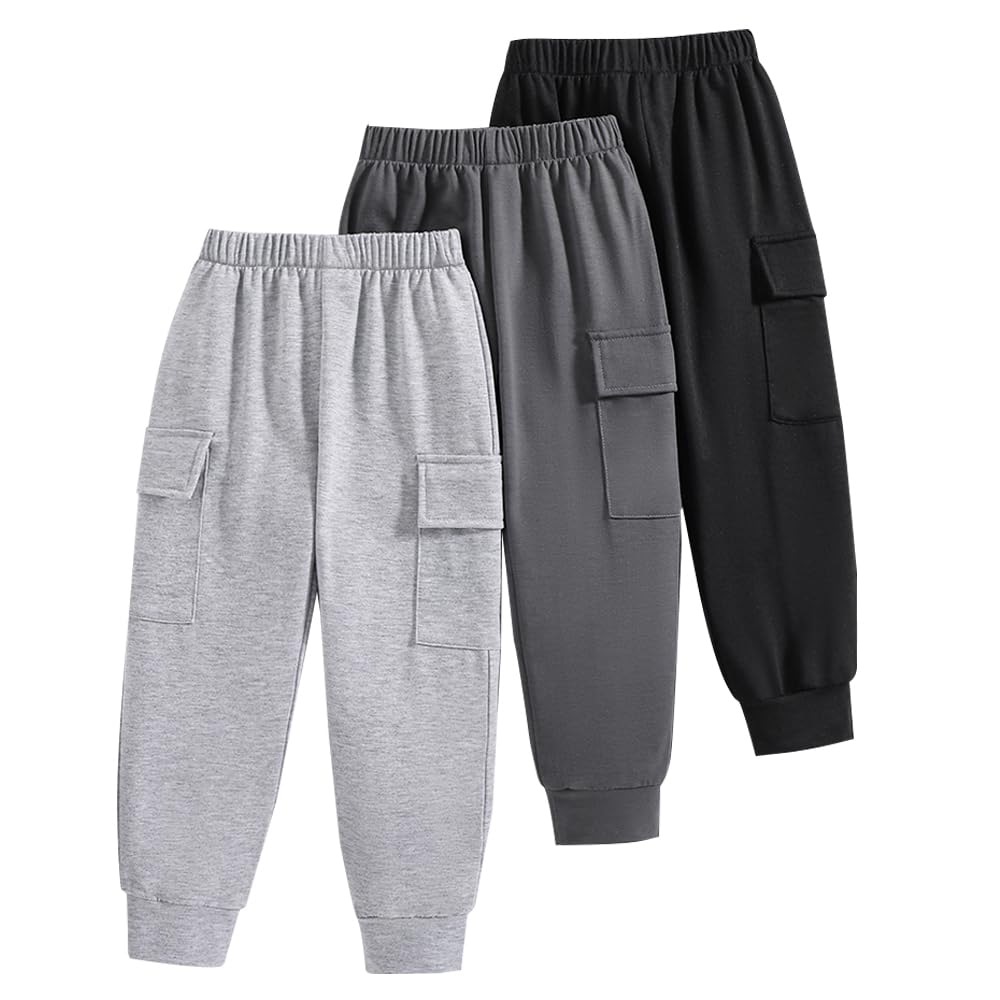 Nivne Tco Boys Casual Pants-Solid Color Soft Trousers-Toddler Boys 3 Pack Sweatpants Set (3-7 Years)