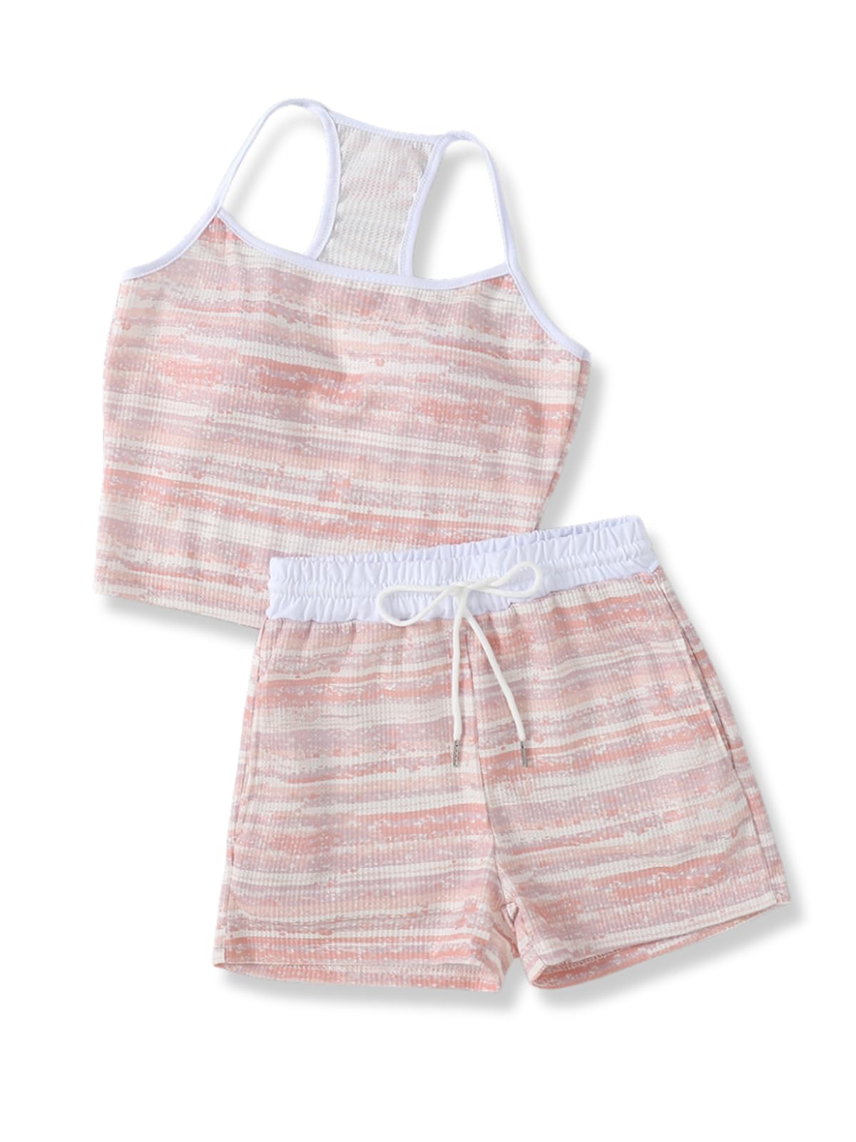 Size 7-14Y Girls Clothes 2 Piece Outfits Striped Tank Top Drawstring Shorts Teen Girls Summer Clothing Sets