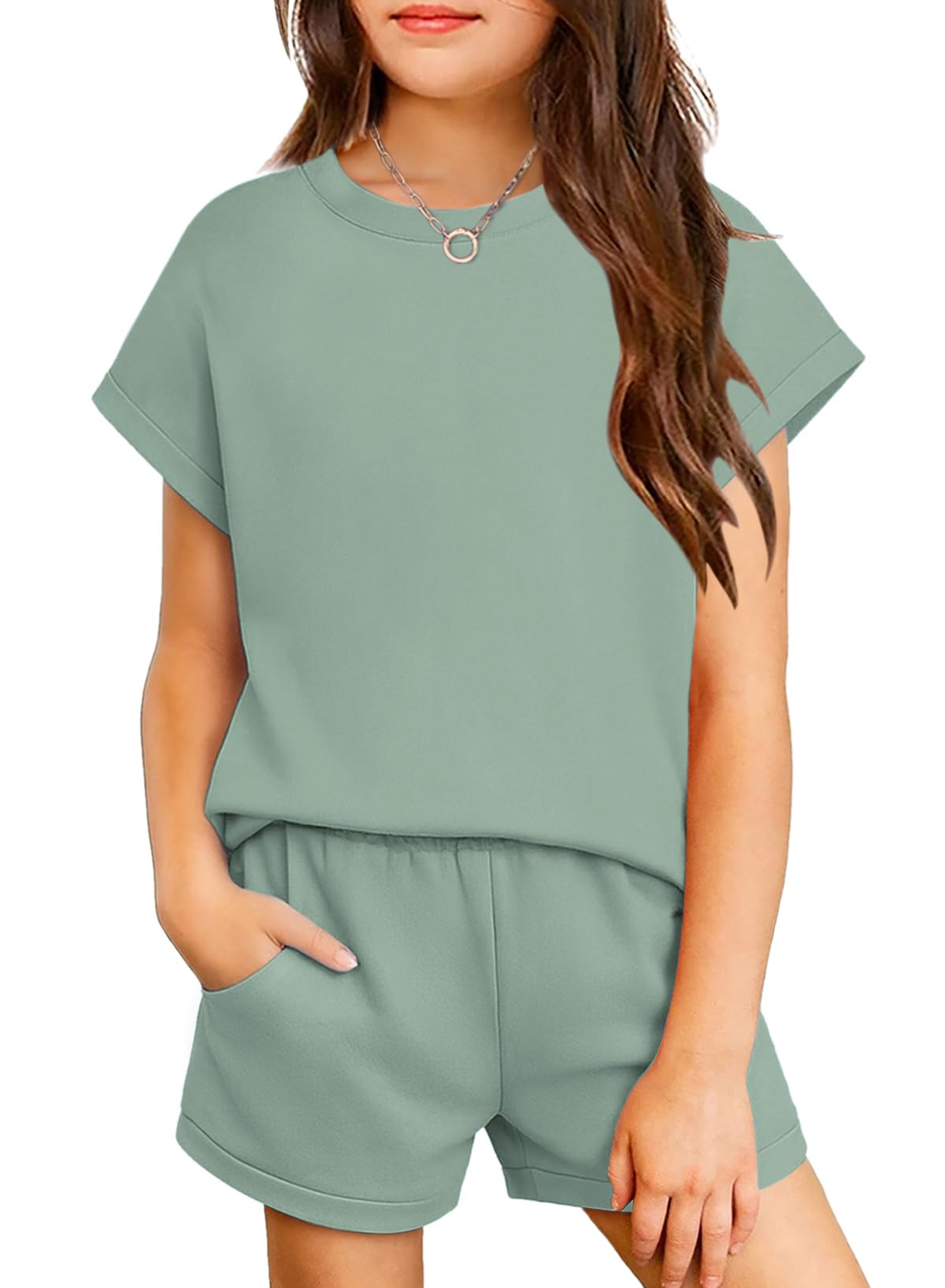 Arshiner Girls Summer 2 Piece Outfits Short Sleeve Shirts and Shorts Sets