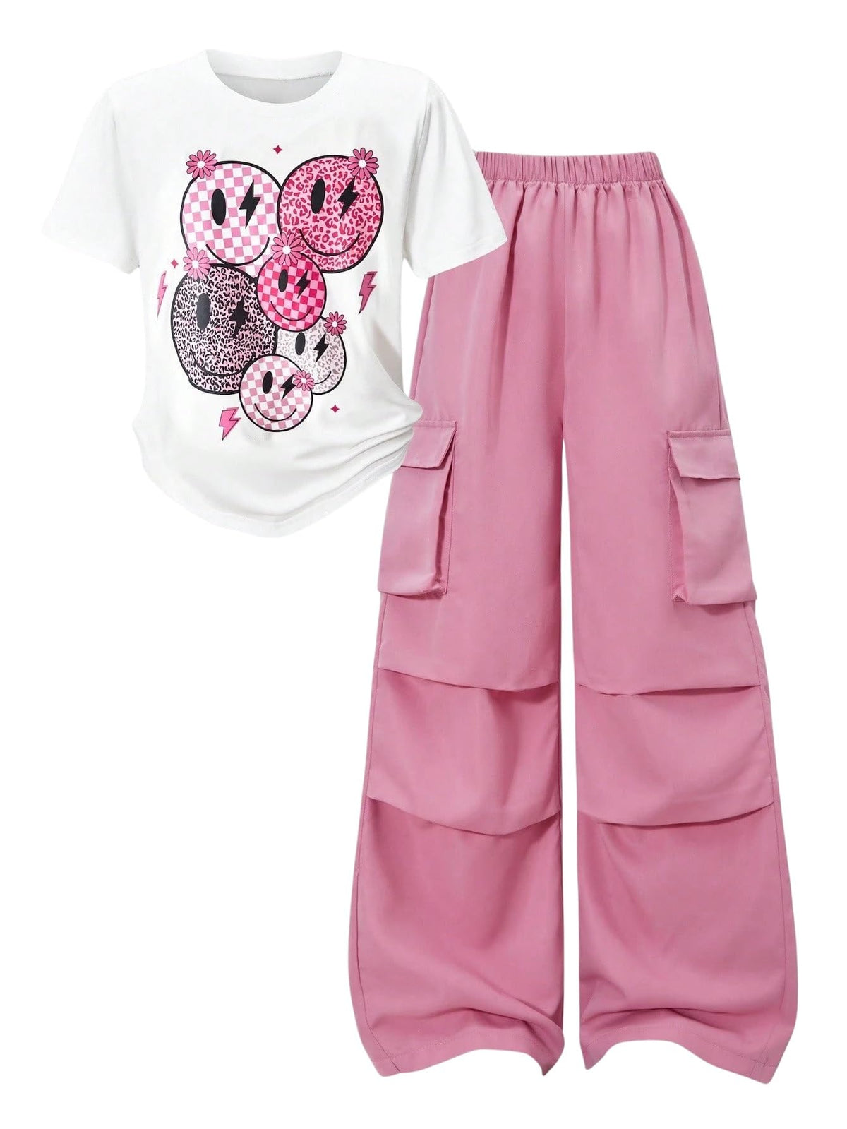 Girls Clothes 2 Piece Smiley Face Print T-Shirt Tops & Cargo Pants Spring Summer Outfits Tween Girls 7-14Y