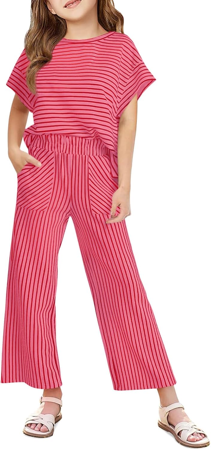 Haloumoning Girls Striped 2 Piece Outfits Short Sleeve T Shirts Wide Leg Pants Matching Lounge Set with Pockets