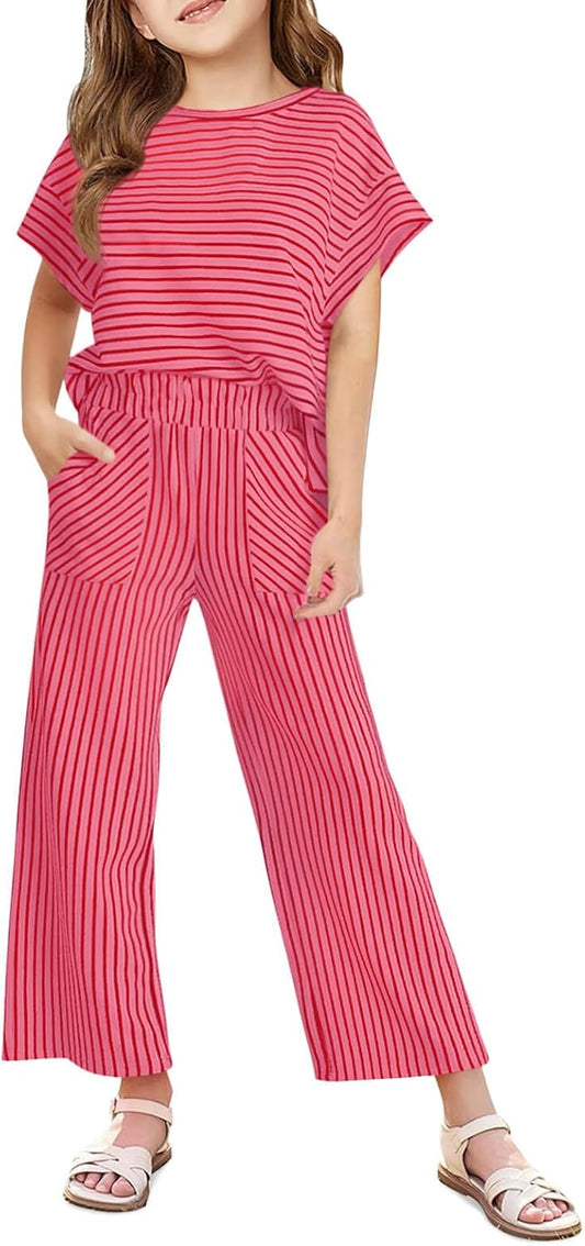 Haloumoning Girls Striped 2 Piece Outfits Short Sleeve T Shirts Wide Leg Pants Matching Lounge Set with Pockets