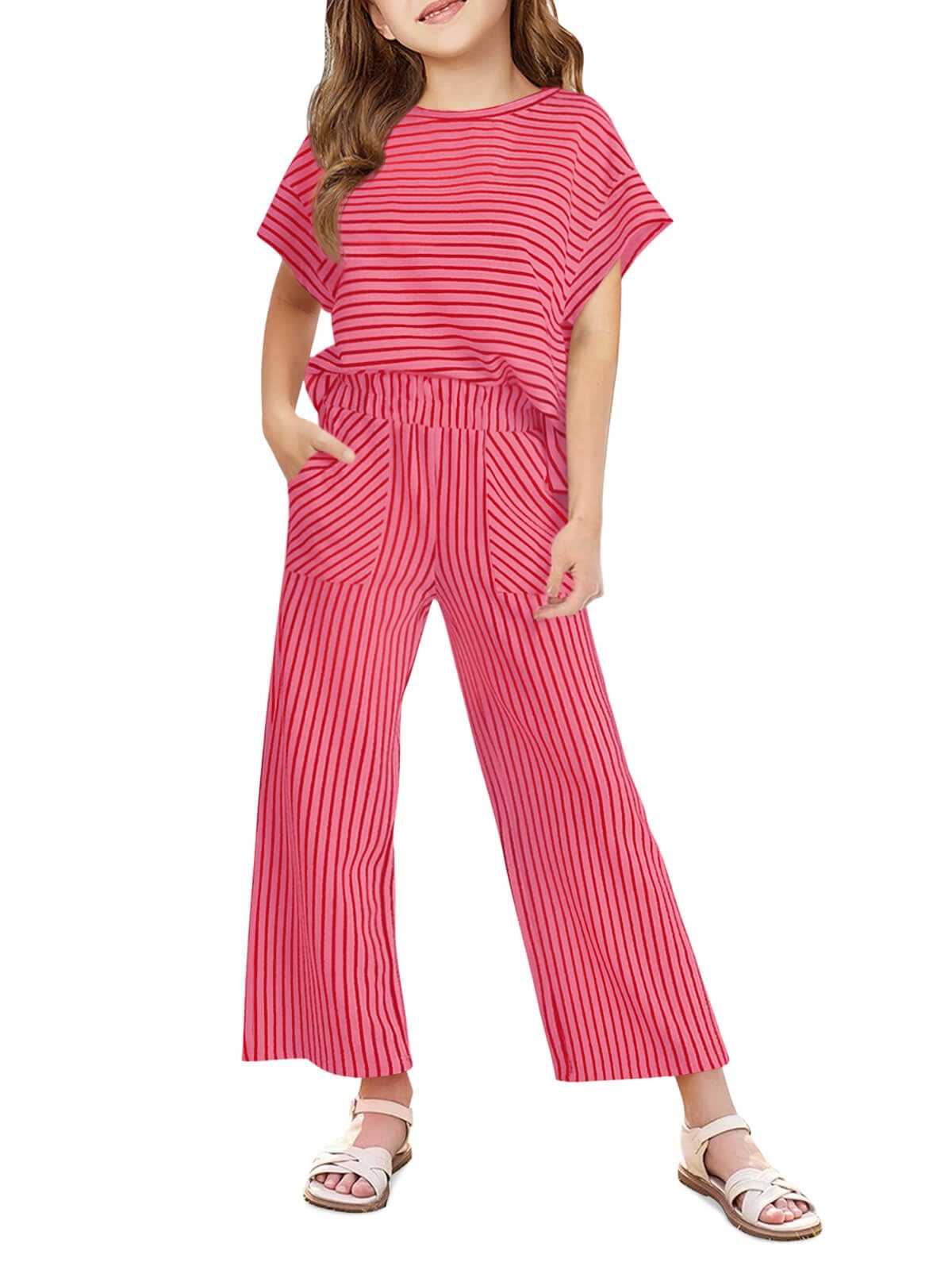Haloumoning Girls Striped 2 Piece Outfits Short Sleeve T Shirts Wide Leg Pants Matching Lounge Set with Pockets