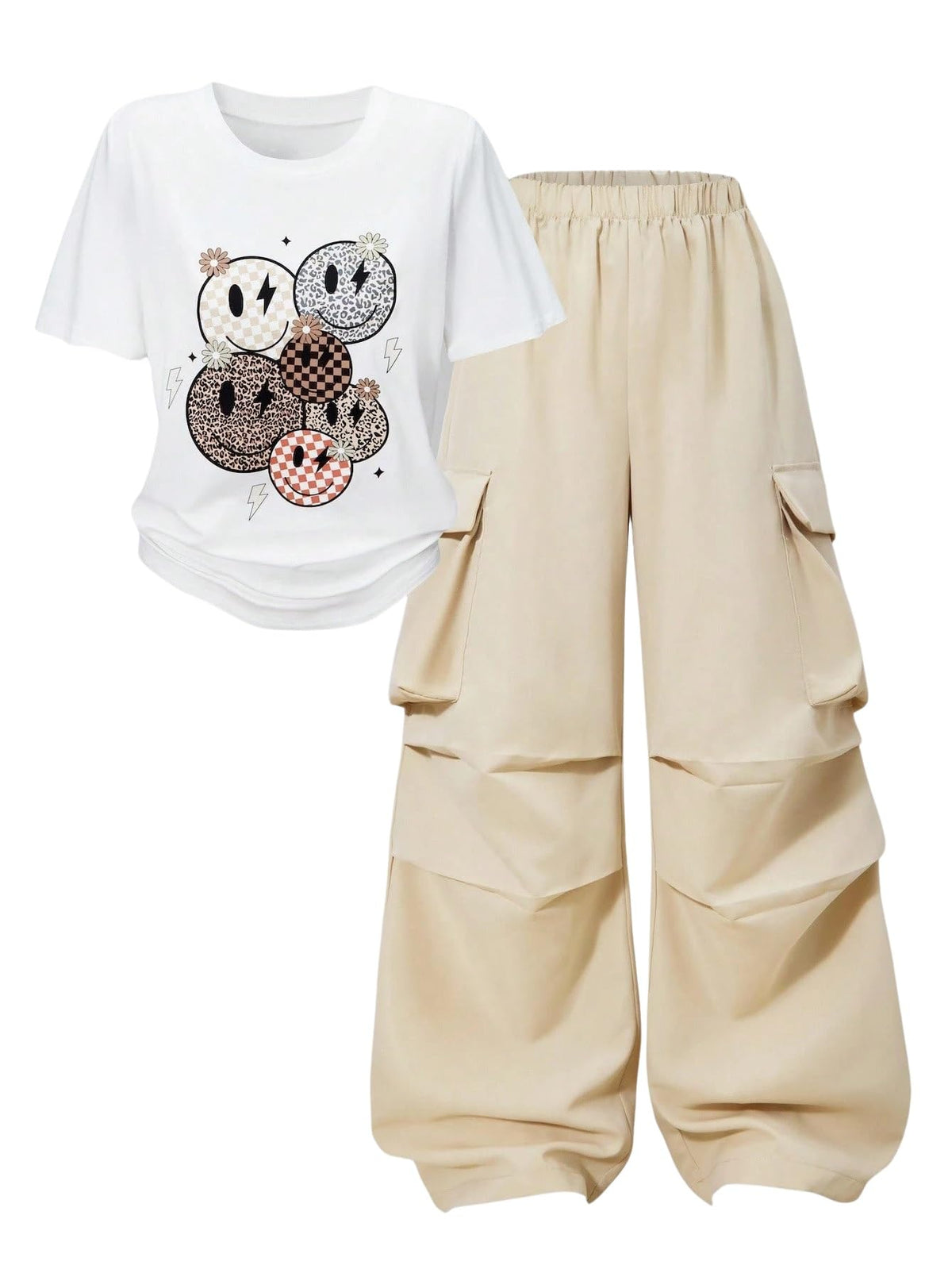 Girls Clothes 2 Piece Smiley Face Print T-Shirt Tops & Cargo Pants Spring Summer Outfits Tween Girls 7-14Y