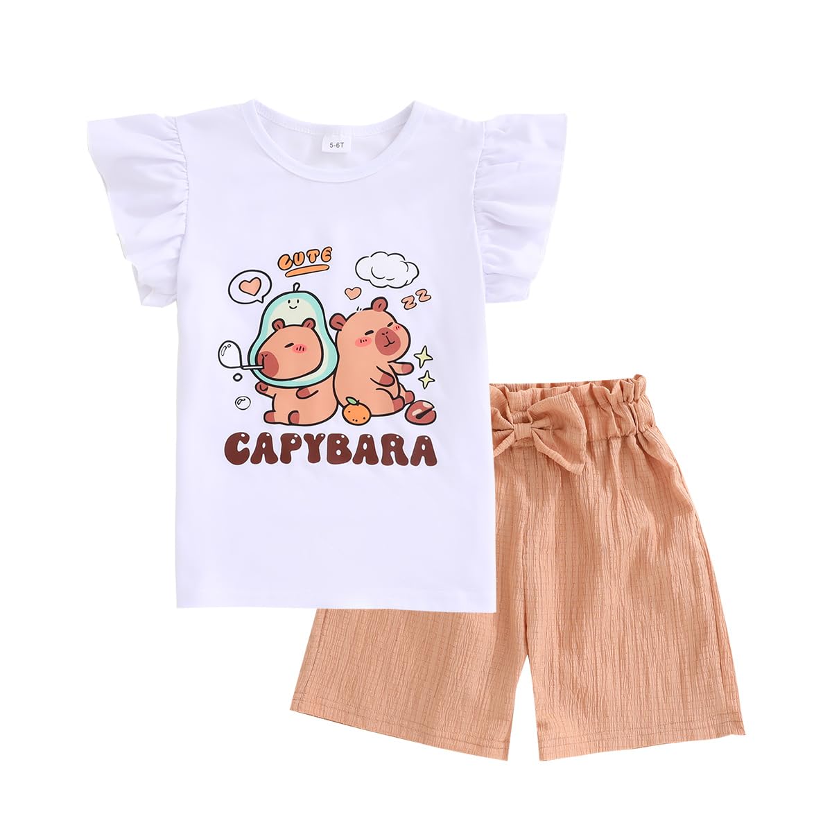 Axumity Kid Toddler Girl Clothes Summer Ruffle Sleeve Figure Graphic Shirt + Shorts Summer Outfits Set
