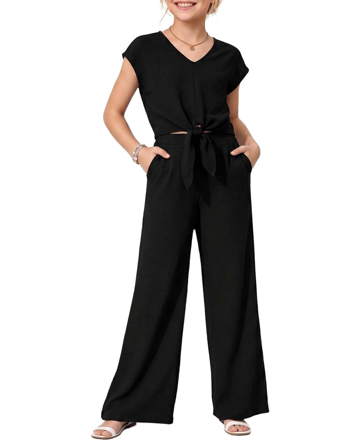WESIDOM Girls 2 Piece Outfits Girl Suit Set Knot Front Short Sleeve Top Wide Pants Kids Formal Clothes Size 6-14Y