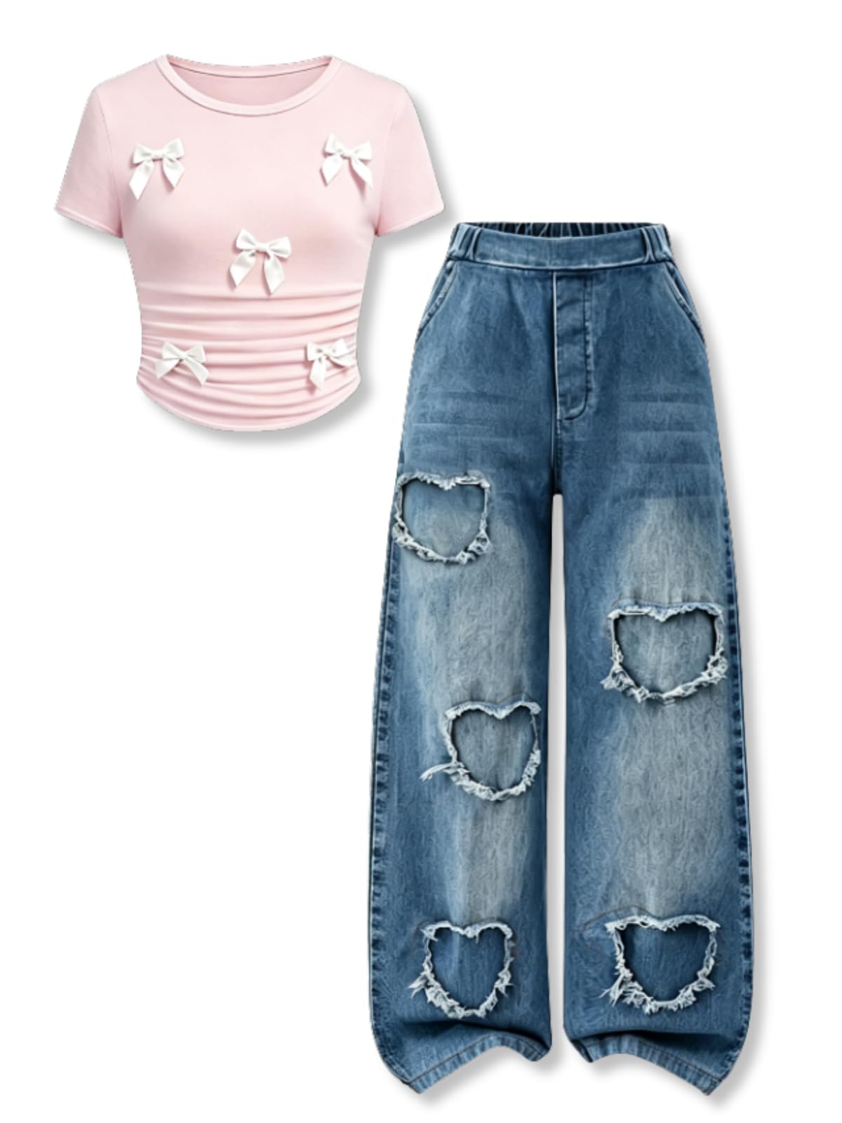 Size 7-14 Years Girls 2 Piece Outfits Bow Short-Sleeved Top and Jeans Pants Clothing Set