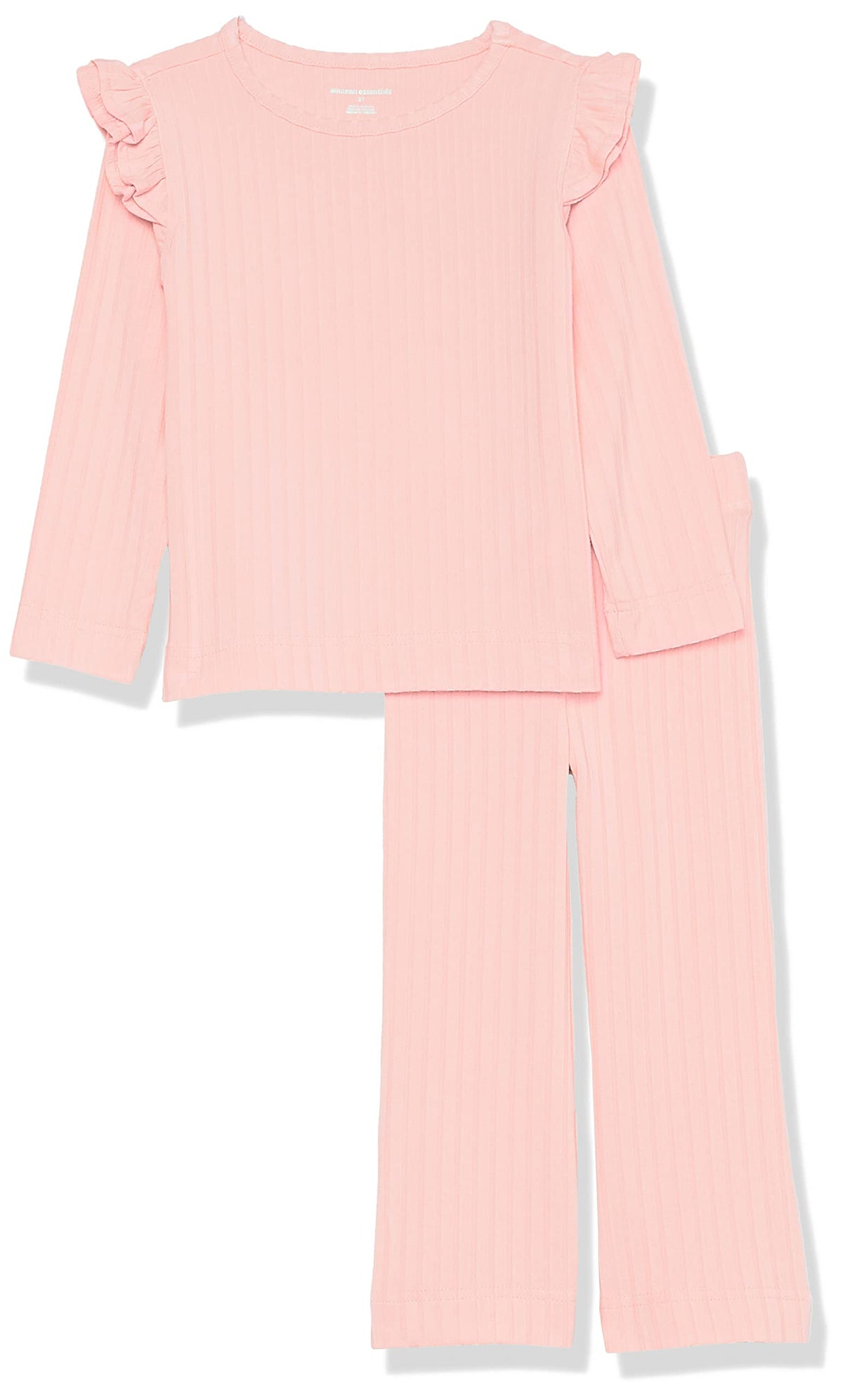 Amazon Essentials Girls' Wide-Rib Ruffle Top and Flare Pants Outfit Set, Pack of 2