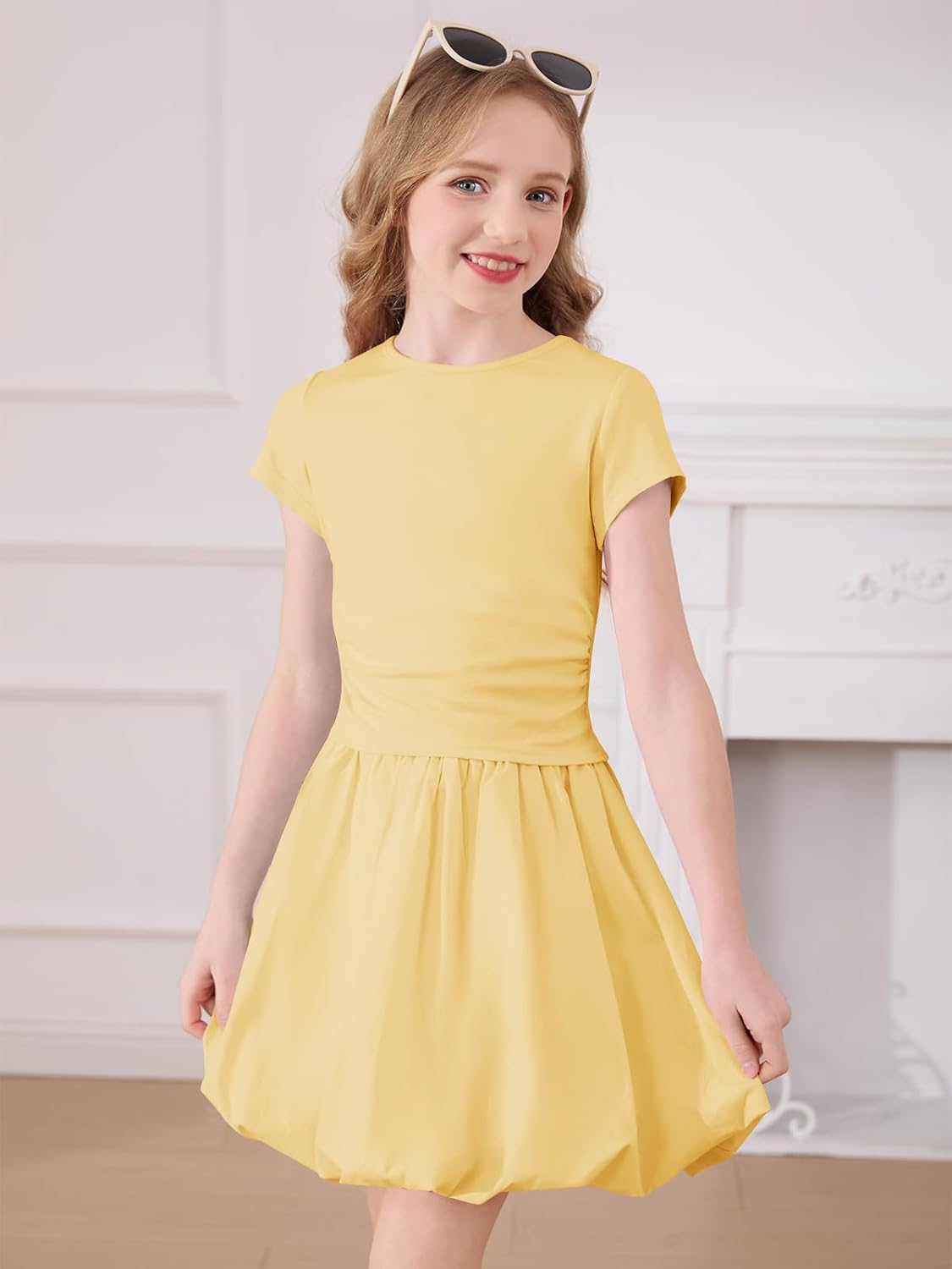 Haloumoning Girls Skirt Sets 2-Piece Ruched Bubble Skirt Outfits 5-14Y