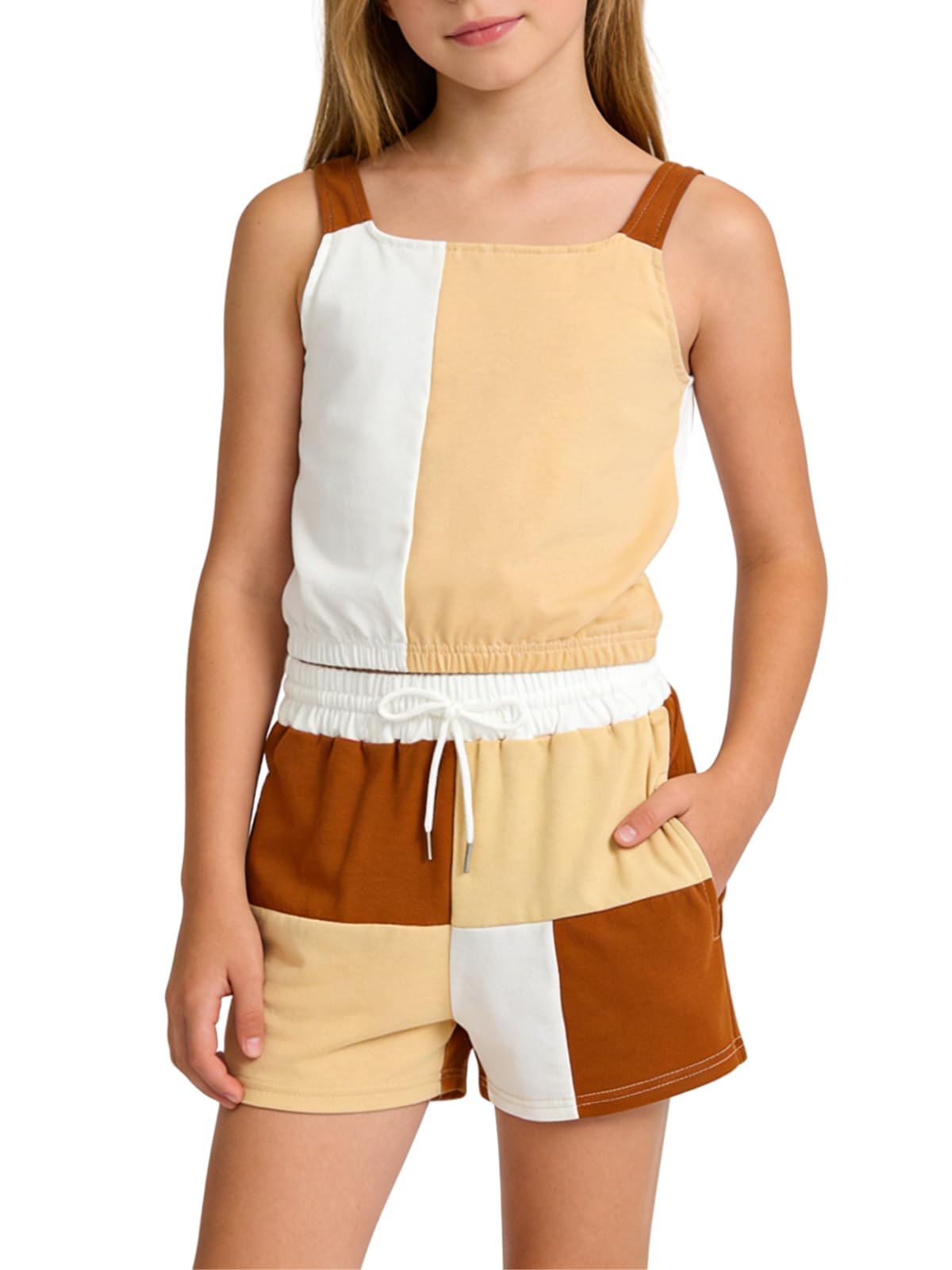 Size 7-14Y Girls Clothes 2 Piece Outfits Striped Tank Top Drawstring Shorts Teen Girls Summer Clothing Sets