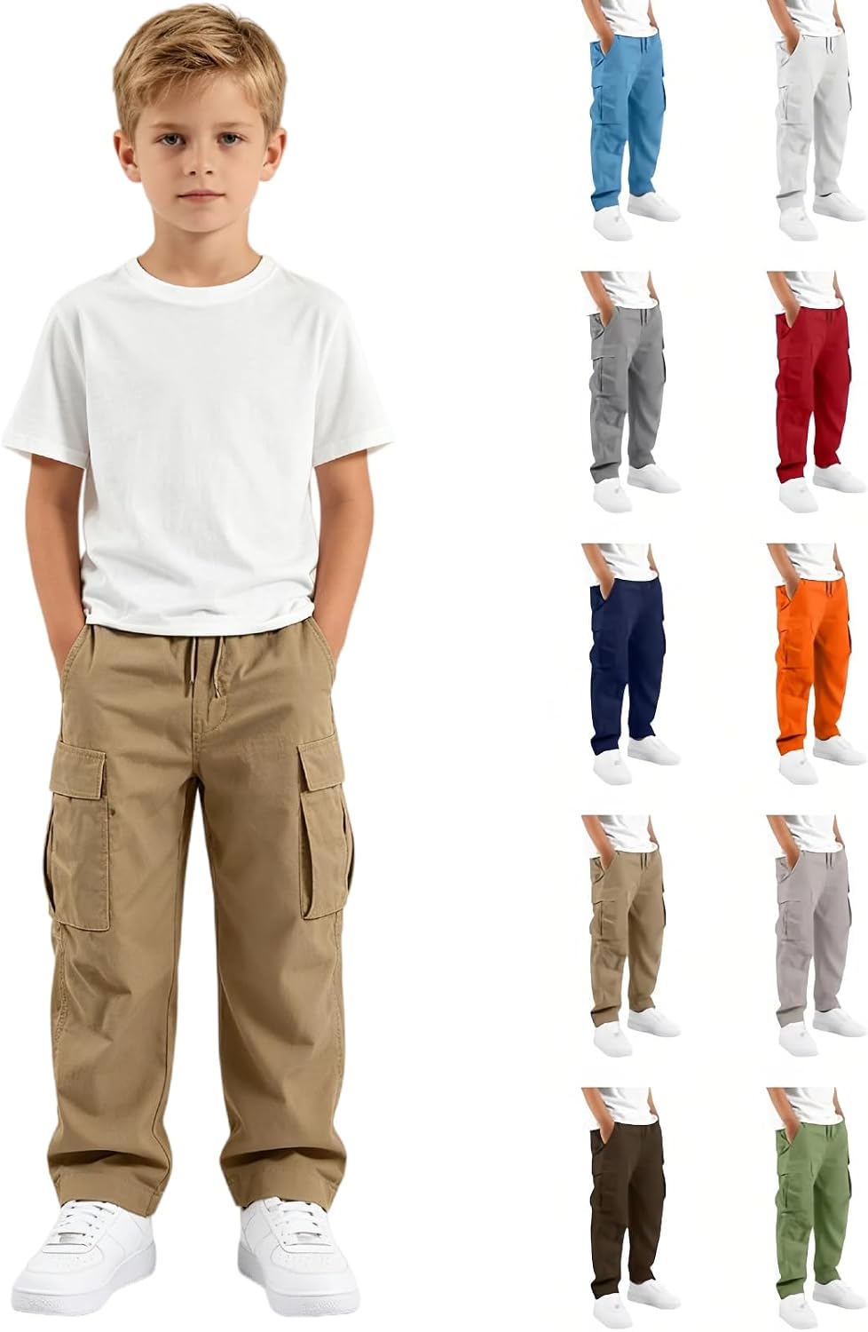 Boys Cargo Pants Kids Baggy Hiking Jogger School Uniform Pants 5-16 Years