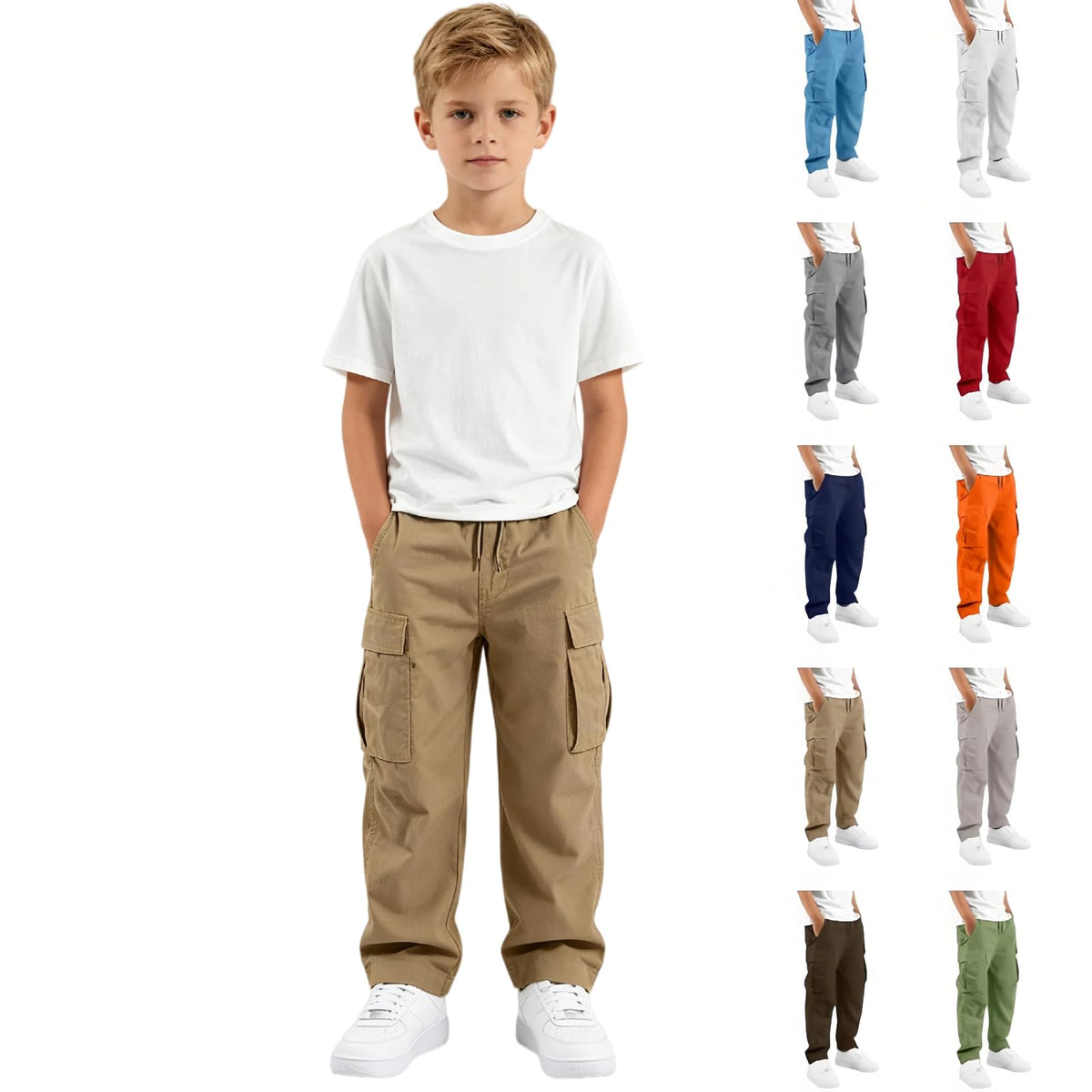 Boys Cargo Pants Kids Baggy Hiking Jogger School Uniform Pants 5-16 Years