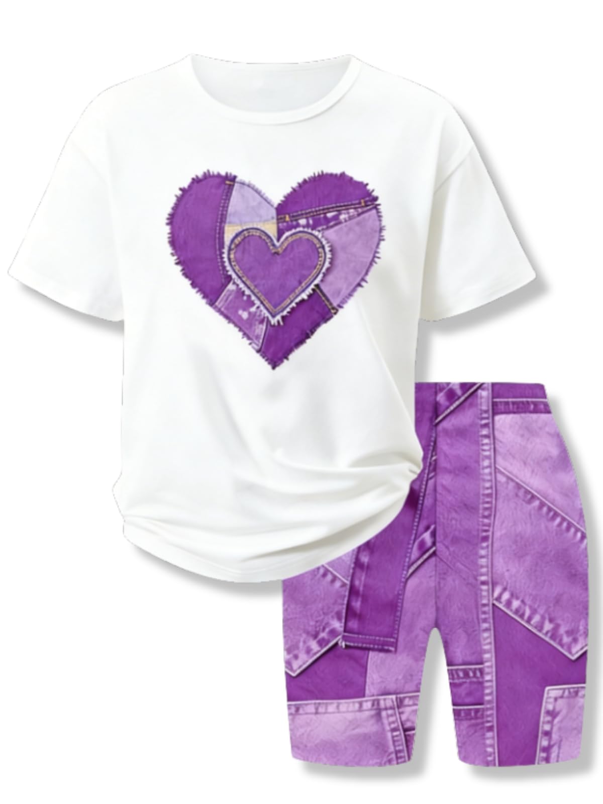 Size 7-14 Girls 2 Piece Summer Heart Print Short Set Teen Girl Outfits Girls Clothing Set