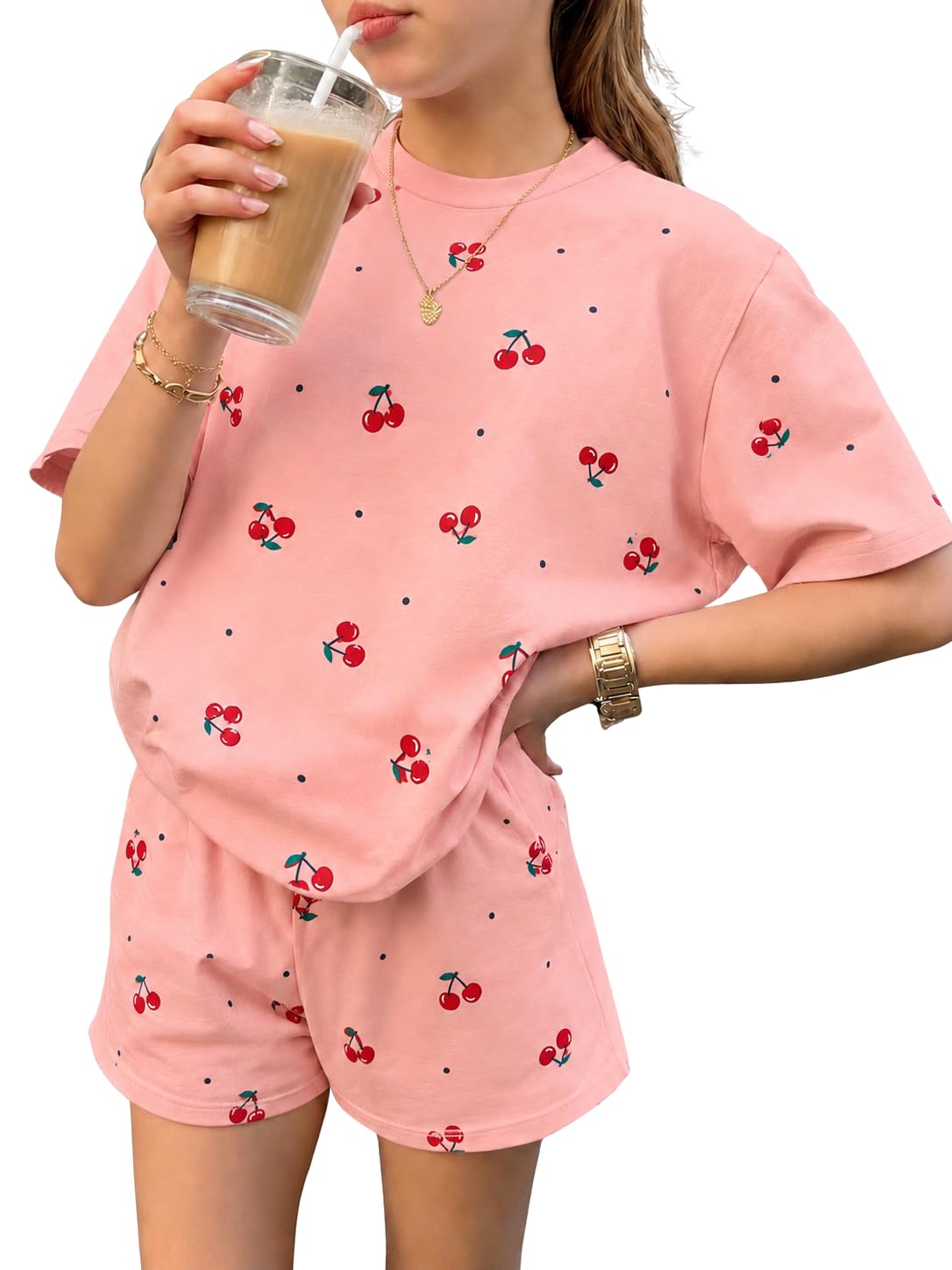 KIDLAGA Girls Two Piece Sets Cherry Pattern Short Sleeve Shirts and Shorts Set With Pockets Girls Summer Outfits Size 7-14