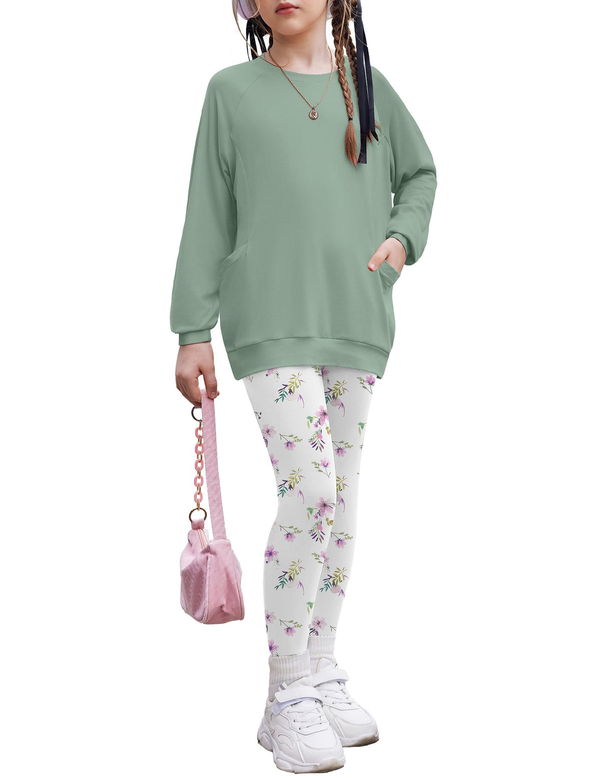 Arshiner Girls 2 Piece Outfits Long Sleeve Raglan Top with Pockets and Slim Fit Pants Daily Wear Set for 6-14Y
