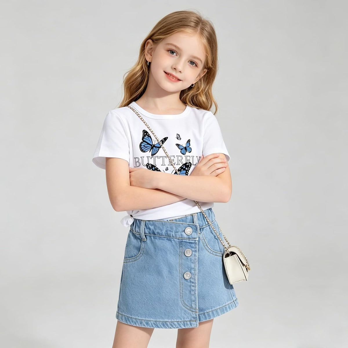 Girls Clothes 2PCS Butterfly Print Short Sleeve T-Shirt Denim Skirt Shorts Set Teen Tween Girls Summer Outfits Set