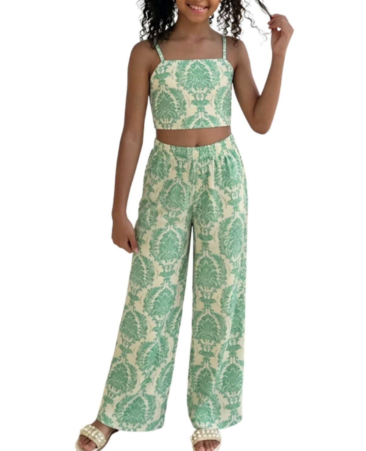 Ayzozuy Girls 2 Piece Outfit Sleeveless Peplum Top and Bow Print Wide Leg Pants Clothes for Tween Girls 7-14Y