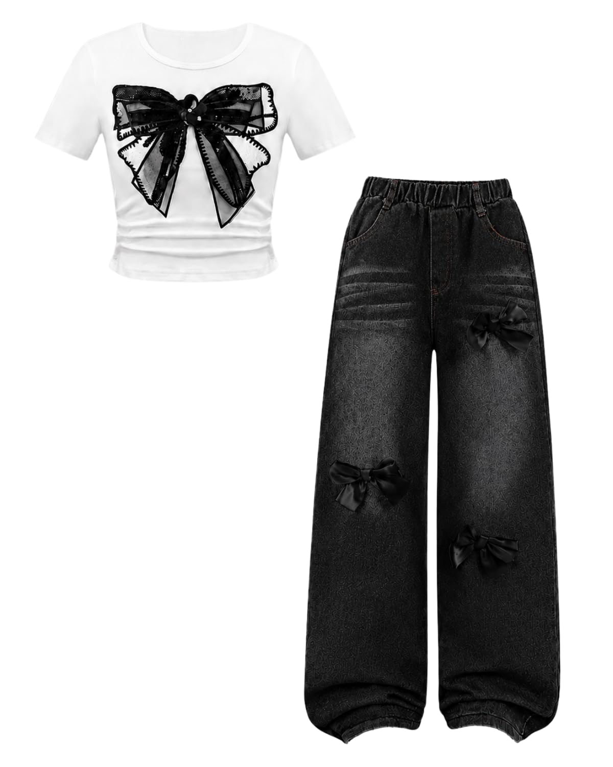 Azmxynol Tween Girl Clothes Short Sleeve Top + Butterfly Design Jeans 2 Pieces Spring Summer Outfit Set, Size 6-16 Years