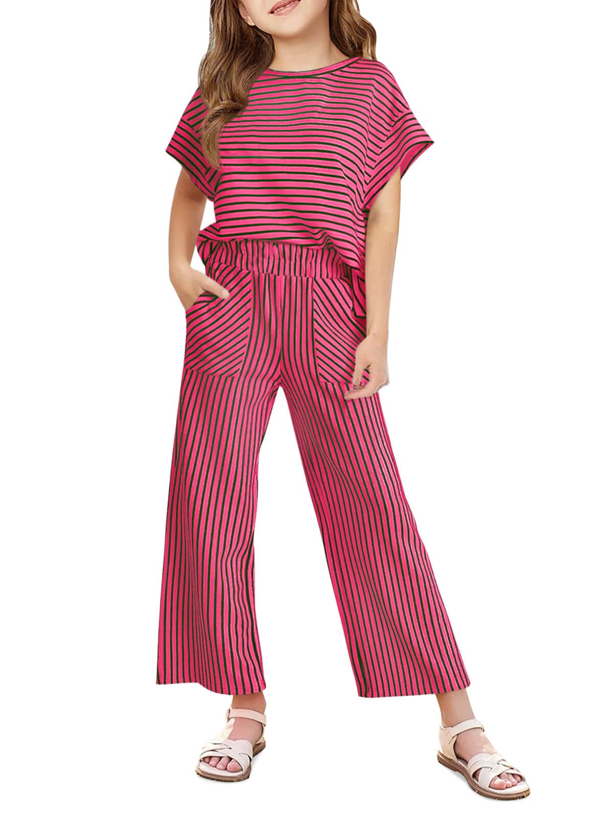 Haloumoning Girls Striped 2 Piece Outfits Short Sleeve T Shirts Wide Leg Pants Matching Lounge Set with Pockets