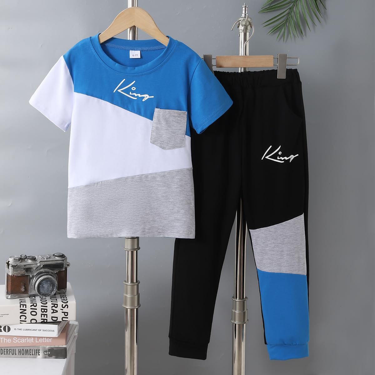 Axumity Tween Boys' 2-Piece Casual Outfit Spring Summer Short Sleeve Crewneck Top & Color Block Pants Size 6-13