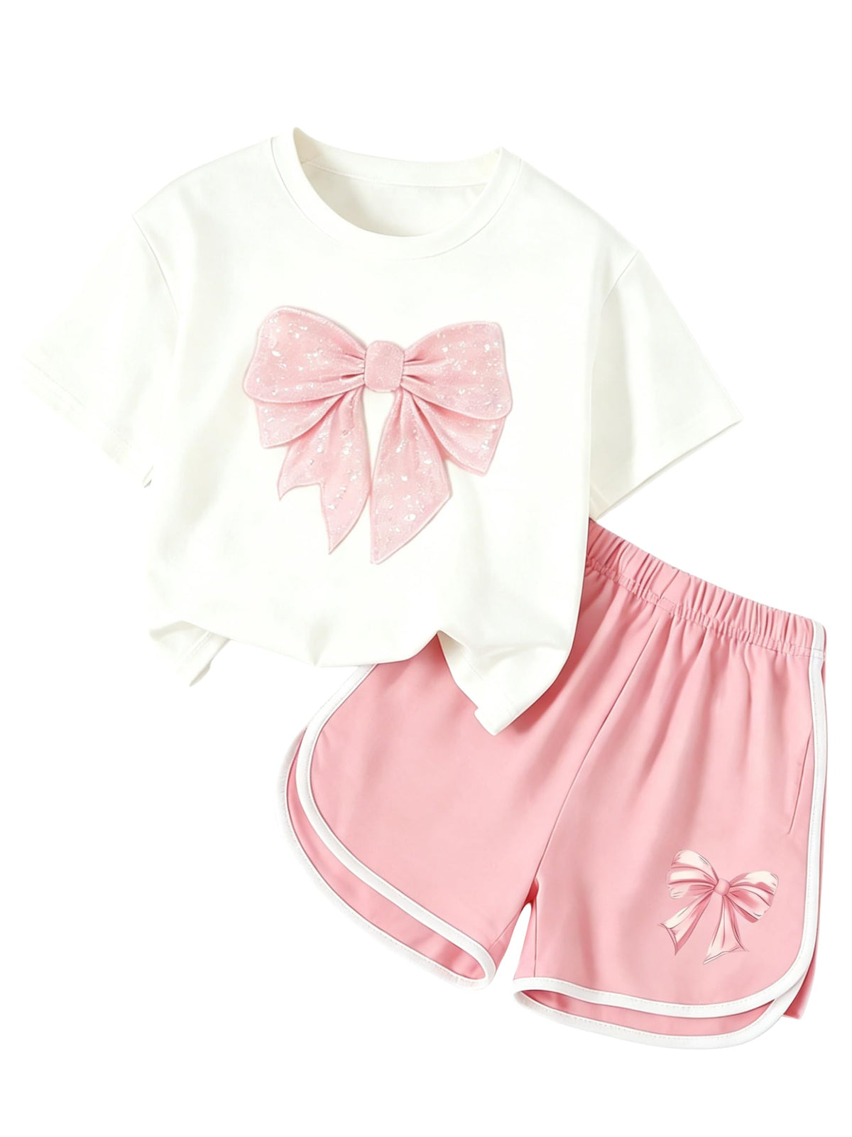 6-12Y Girls Summer Clothes Short Sleeve Bow Print T-Shirt Denim Skirt Shorts Set Tween Girls Outfits Set