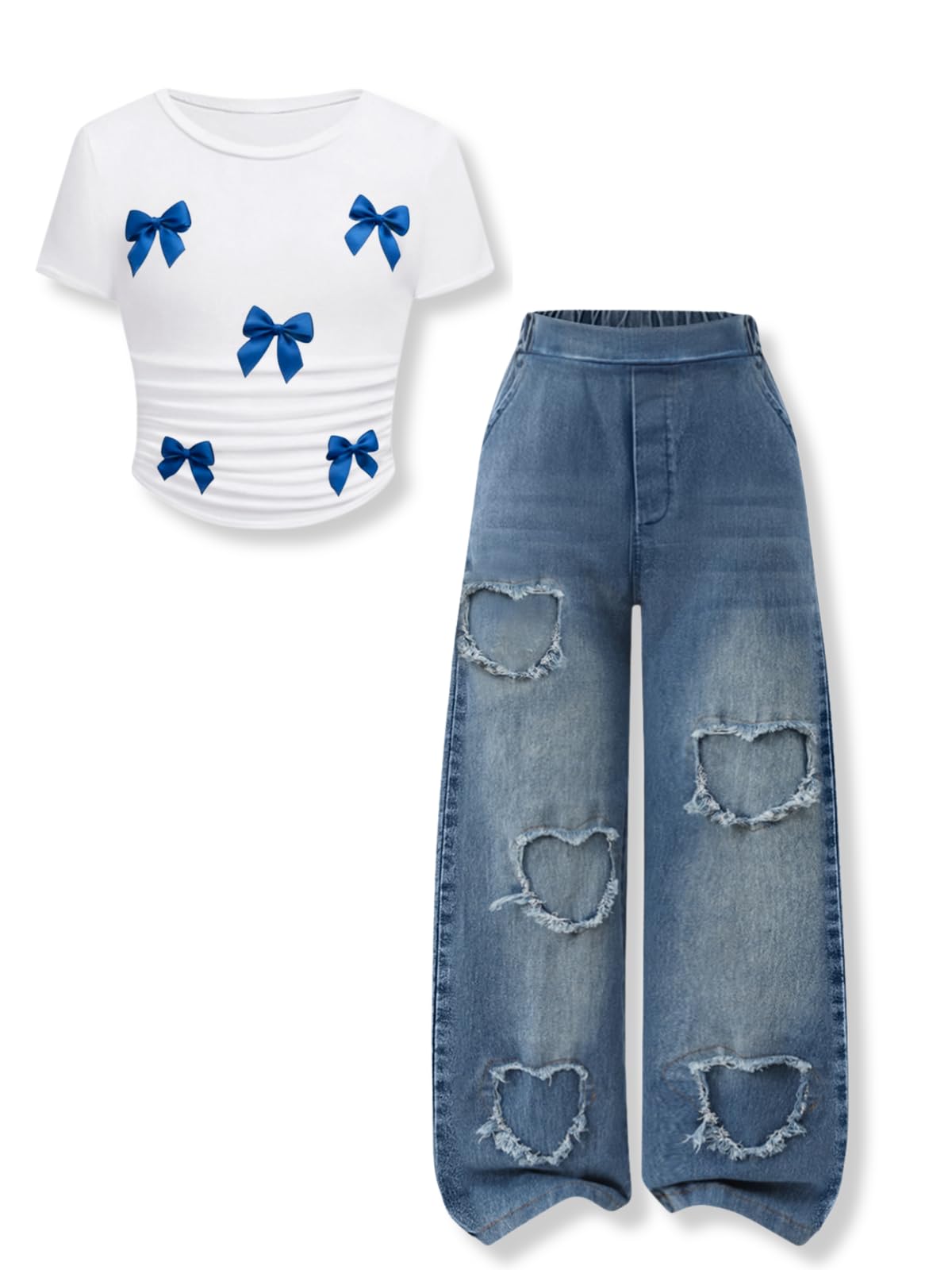 Size 7-14 Years Girls 2 Piece Outfits Bow Short-Sleeved Top and Jeans Pants Clothing Set