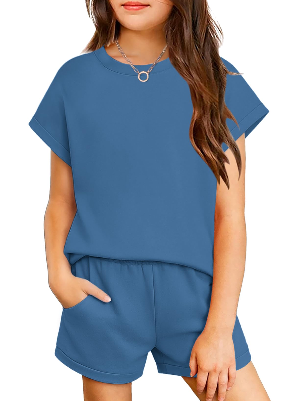 Arshiner Girls Summer 2 Piece Outfits Short Sleeve Shirts and Shorts Sets
