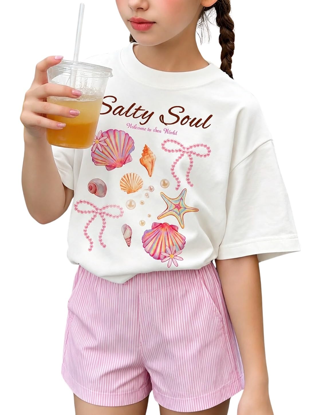 Girls Clothes Summer 2 Piece Outfits Cute Strawberry Lemon Shell Graphic Tee+ Striped Shorts Set Kids Clothing Sets