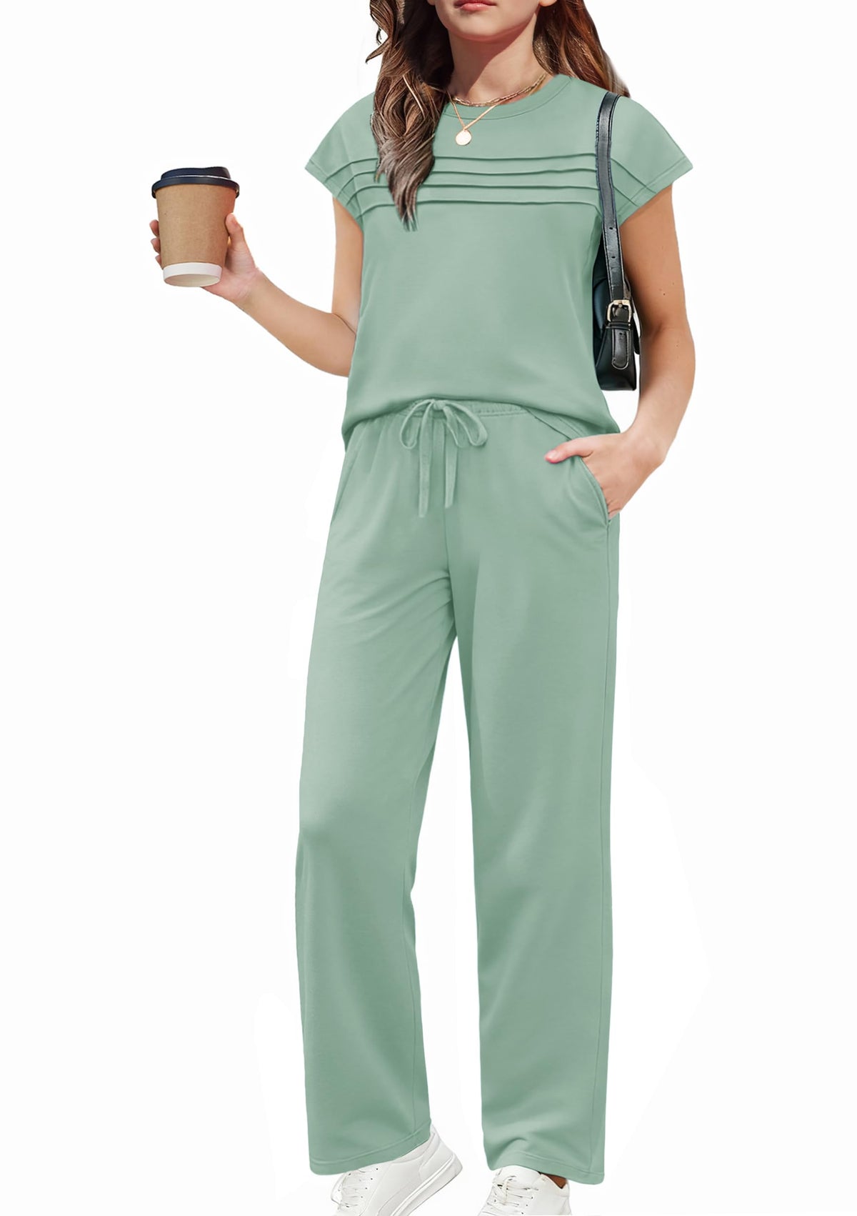 Arshiner Girls 2 Piece Outfits Short Sleeve Crewneck Tops Wide Leg Pant Set