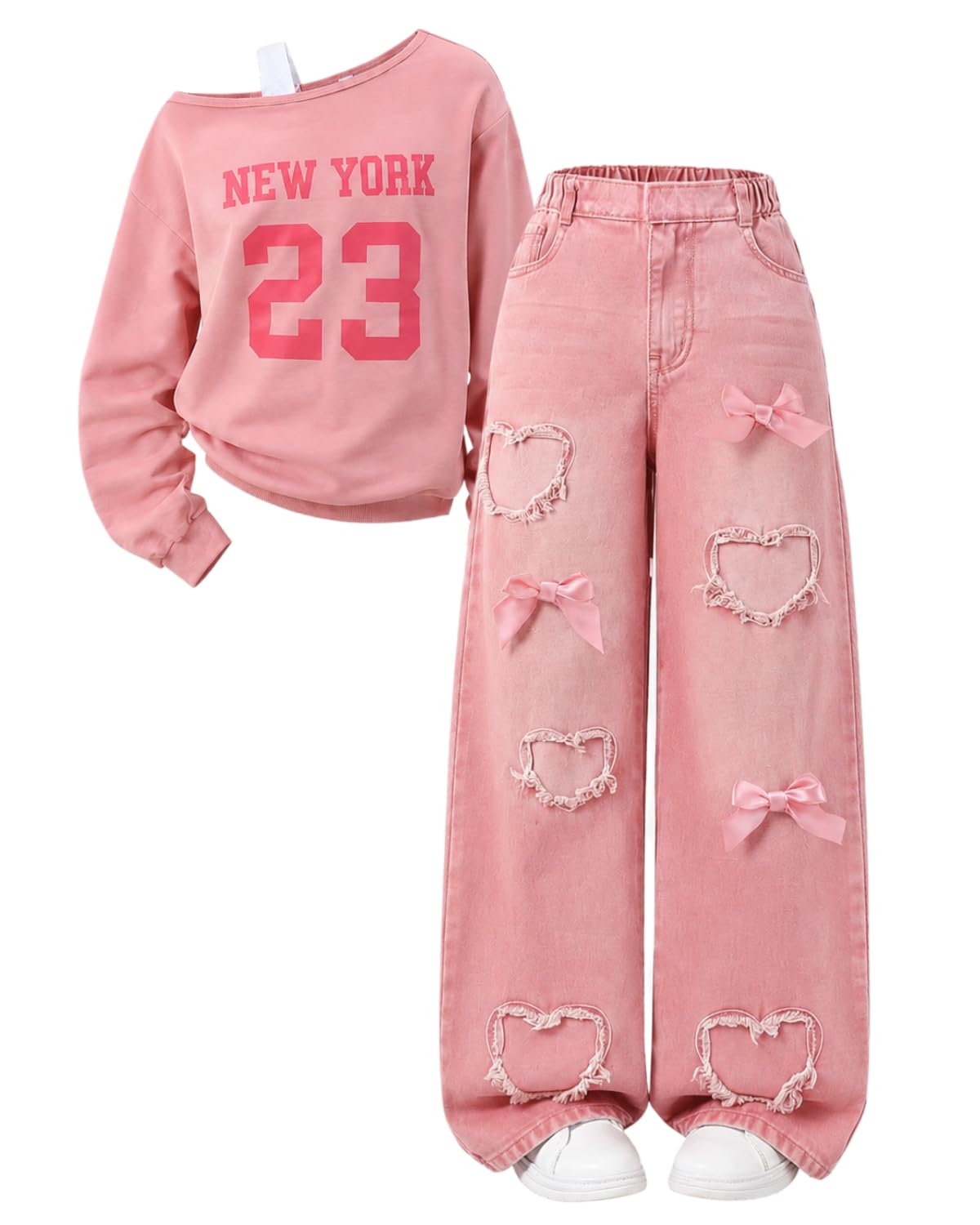 Tween Girl Clothes 2 Pieces Outfit Set Off Shoulder Top + Jeans Denim Fall Winter Spring Clothing, Size 8-16 Years