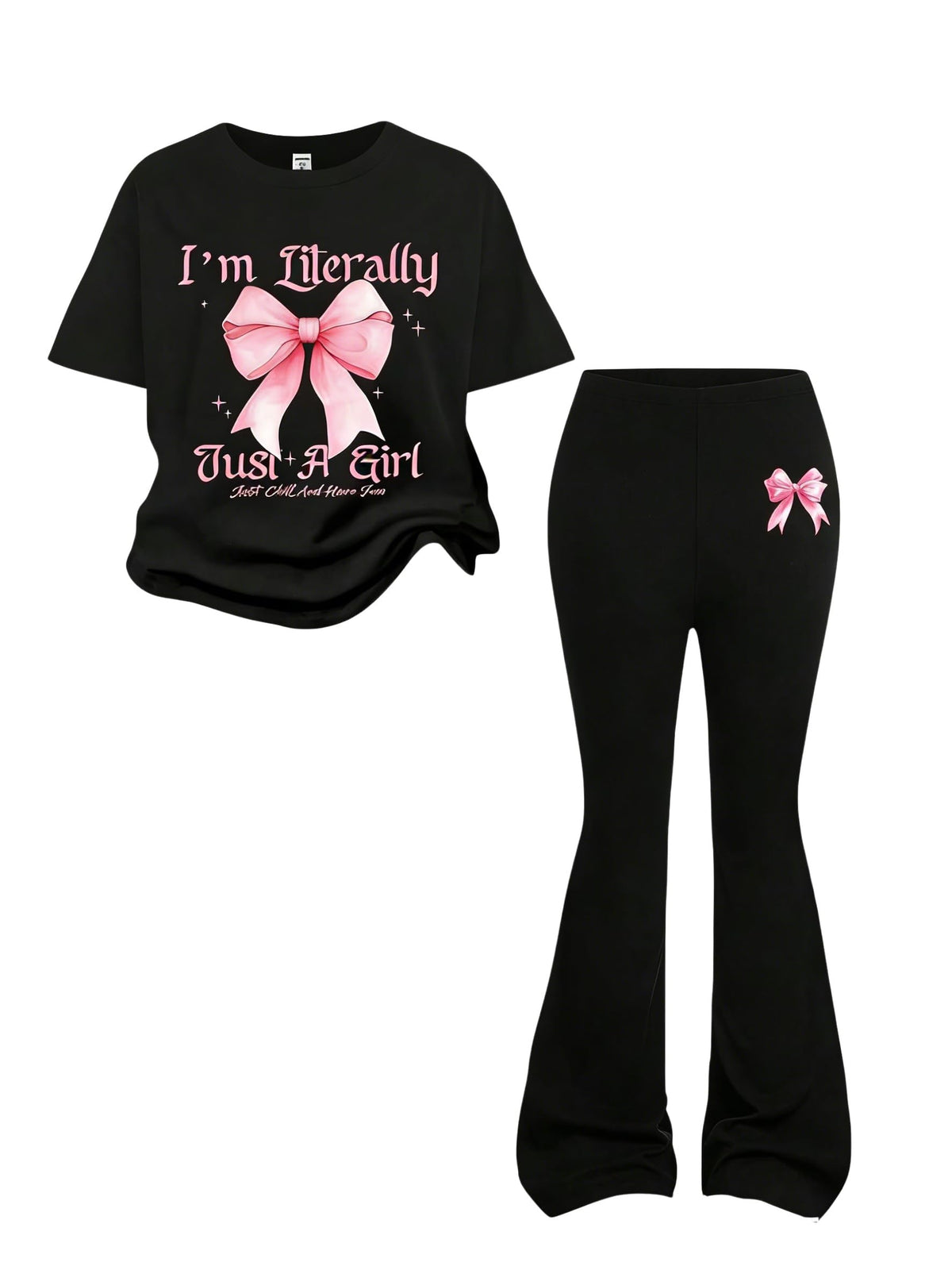 Tween Girls 2PCS Outfit Set 8-13Y Crop Top & Flare Pants with Bowknot and Heart Print Casual Girl Clothes
