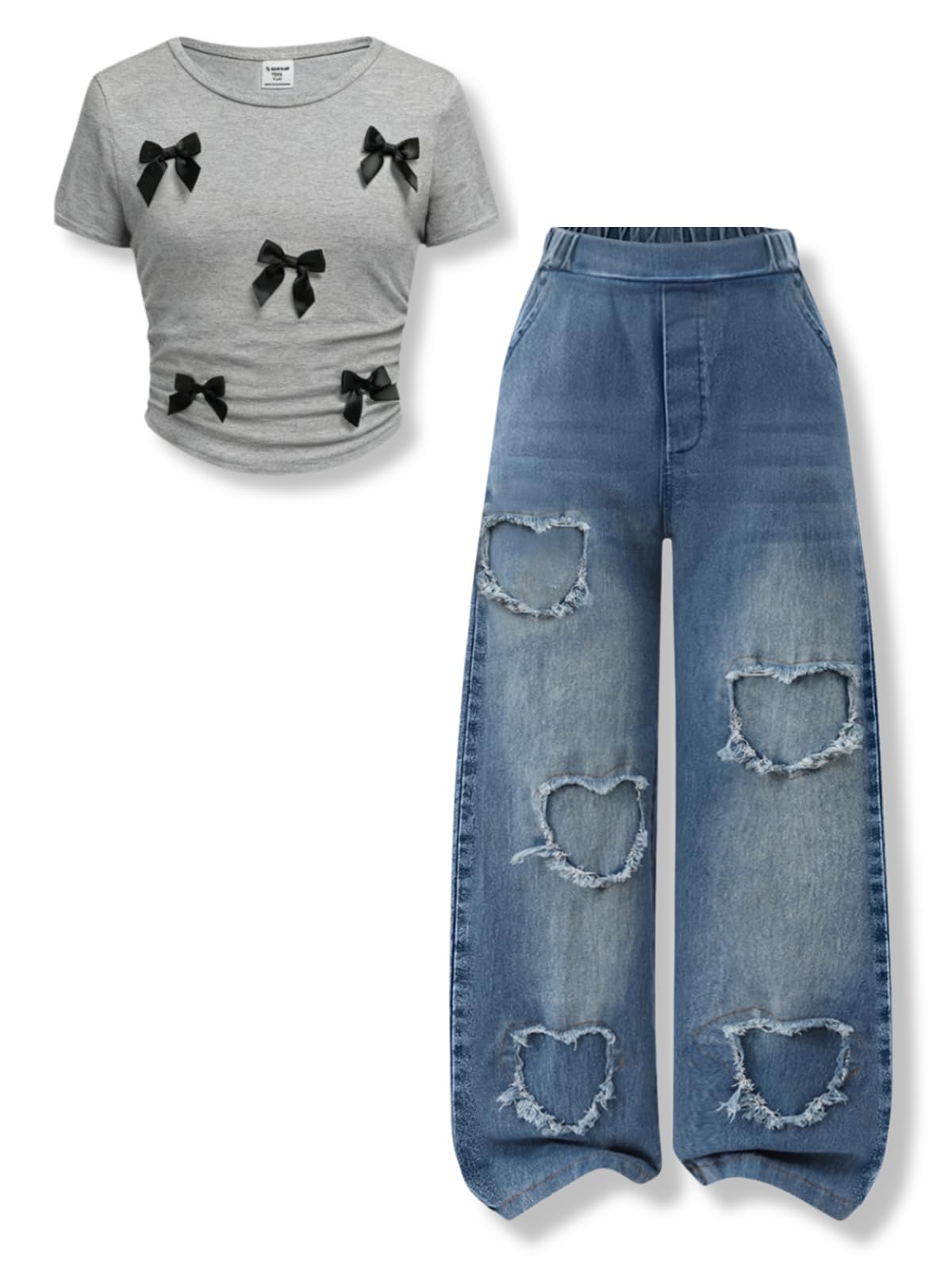 Size 7-14 Years Girls 2 Piece Outfits Bow Short-Sleeved Top and Jeans Pants Clothing Set