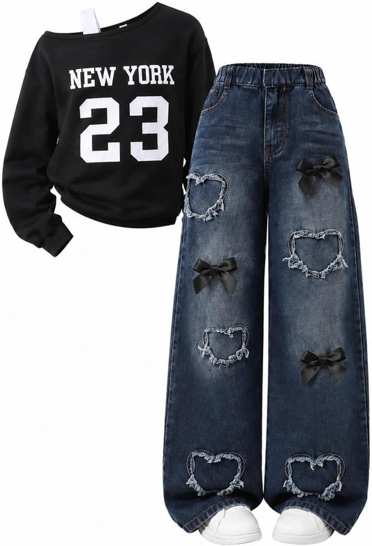 Tween Girl Clothes 2 Pieces Outfit Set Off Shoulder Top + Jeans Denim Fall Winter Spring Clothing, Size 8-16 Years