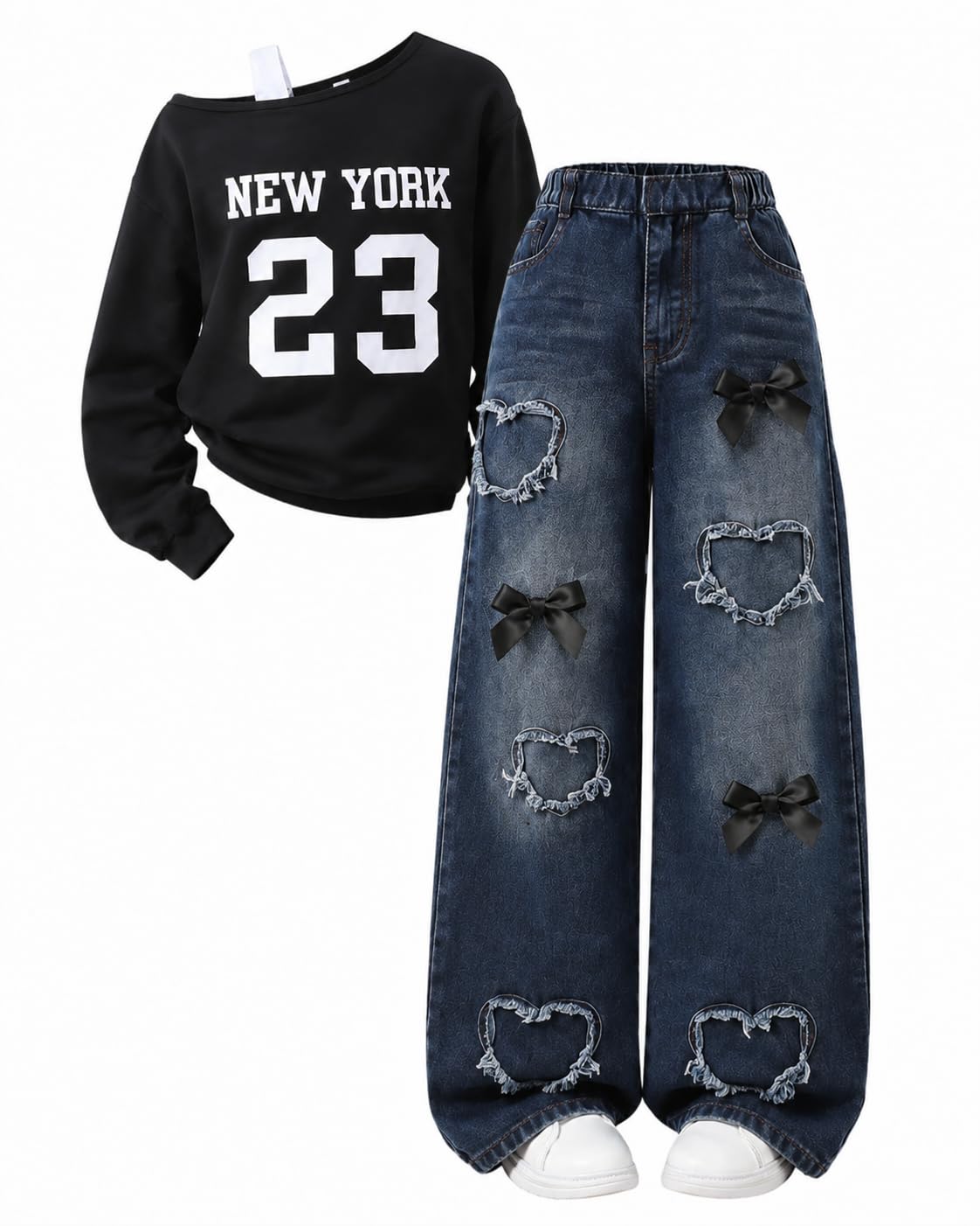 Tween Girl Clothes 2 Pieces Outfit Set Off Shoulder Top + Jeans Denim Fall Winter Spring Clothing, Size 8-16 Years