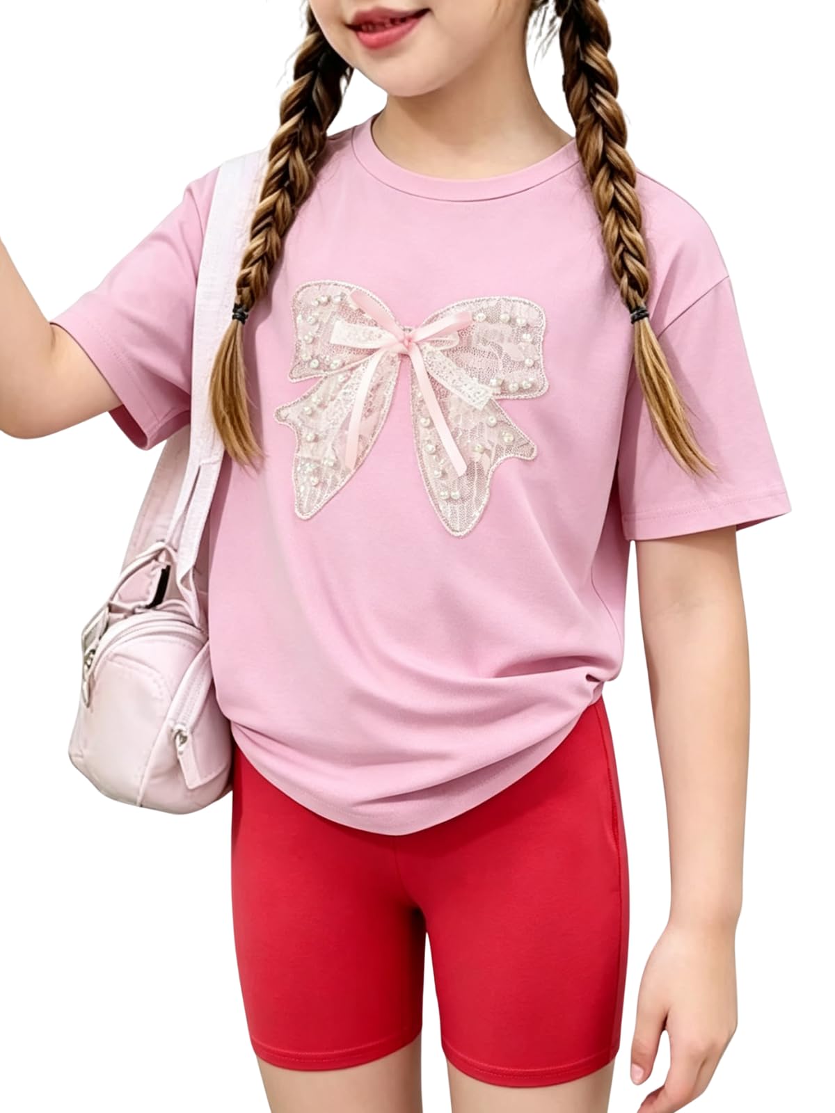 2026 6-12 Years Old Girls 2Pcs Spring Summer Outfits Set Crew Neck Short Sleeve Tops with Pocket Tie-Dye Shorts