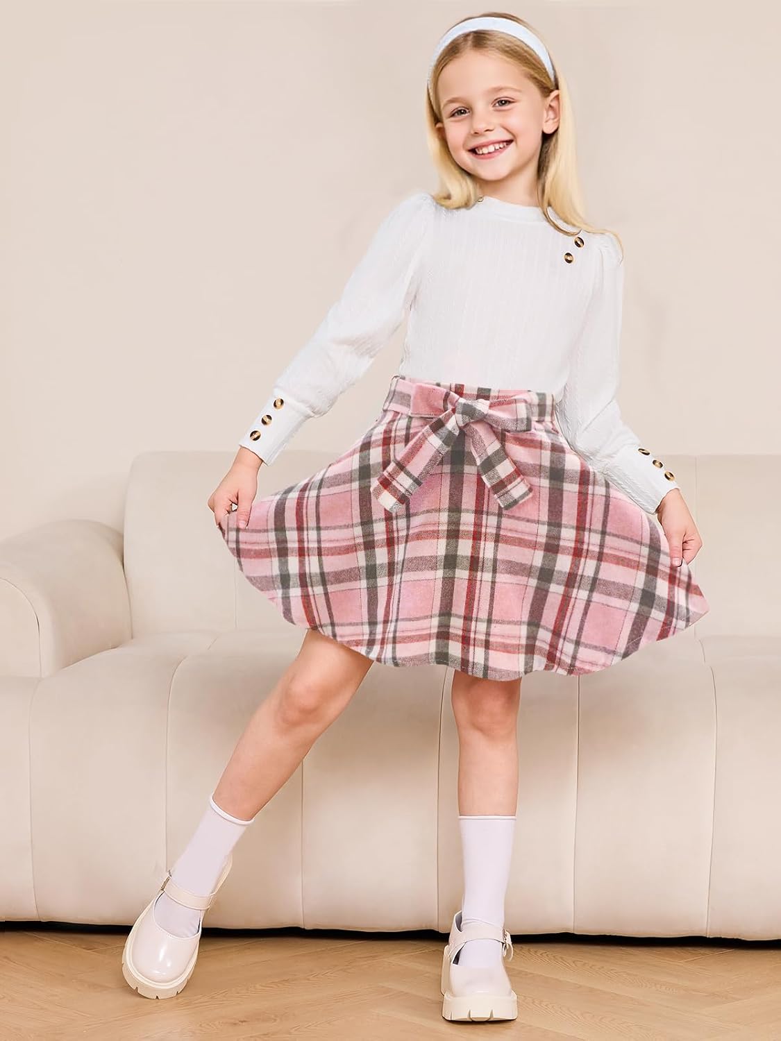 AMAWMW Girls Skirt Sets Fall Outfits Puff Sleeve Crewneck Ribbed Knit Tops and Plaid Skirt Set Kids Fall Winter Clothes