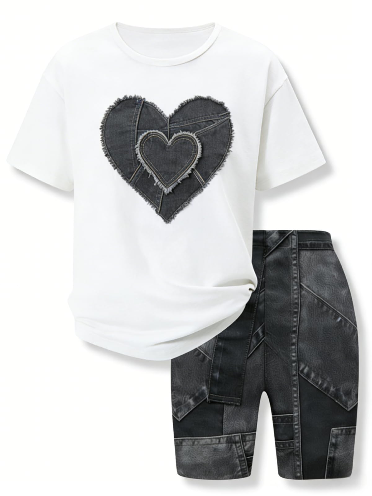 Size 7-14 Girls 2 Piece Summer Heart Print Short Set Teen Girl Outfits Girls Clothing Set
