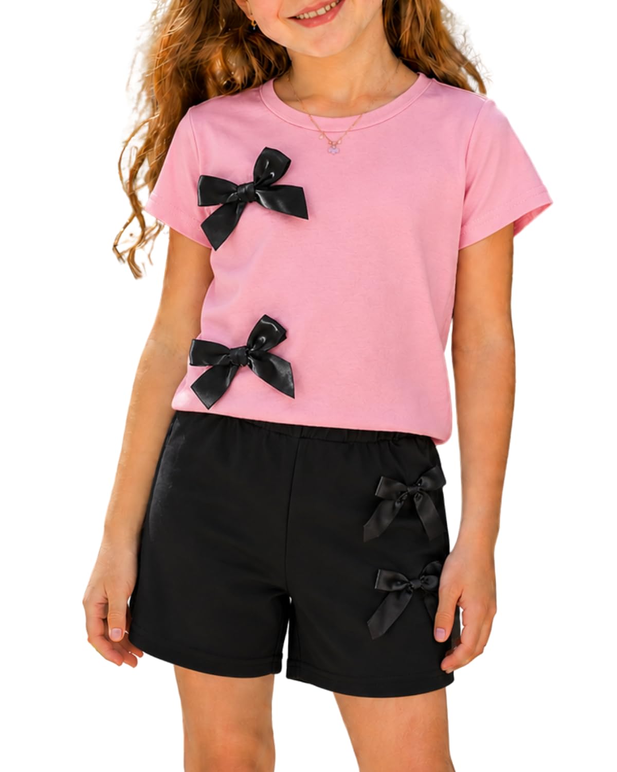 Toddler Girls Clothes Summer Short Sleeve T-Shirt + Striped Skort 2pcs Bow Outfit Set For Girls, Size 4-8 Years