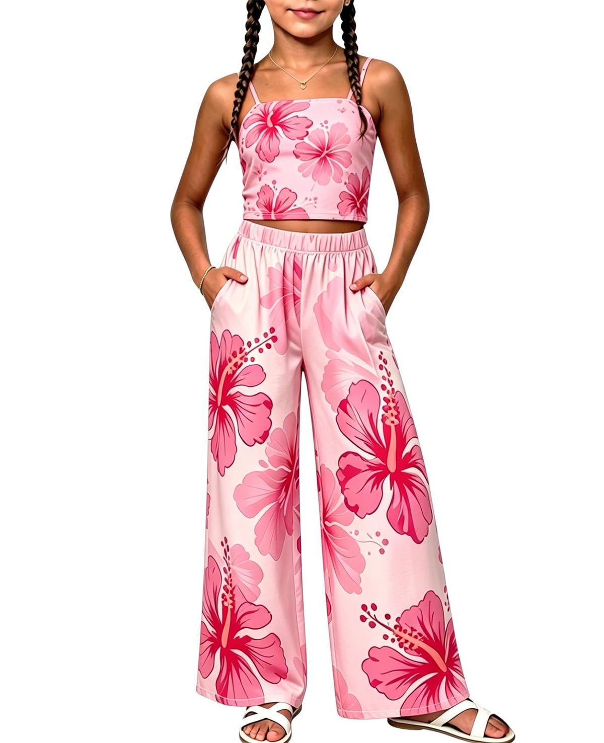 Ayzozuy Girls 2 Piece Outfit Sleeveless Peplum Top and Bow Print Wide Leg Pants Clothes for Tween Girls 7-14Y